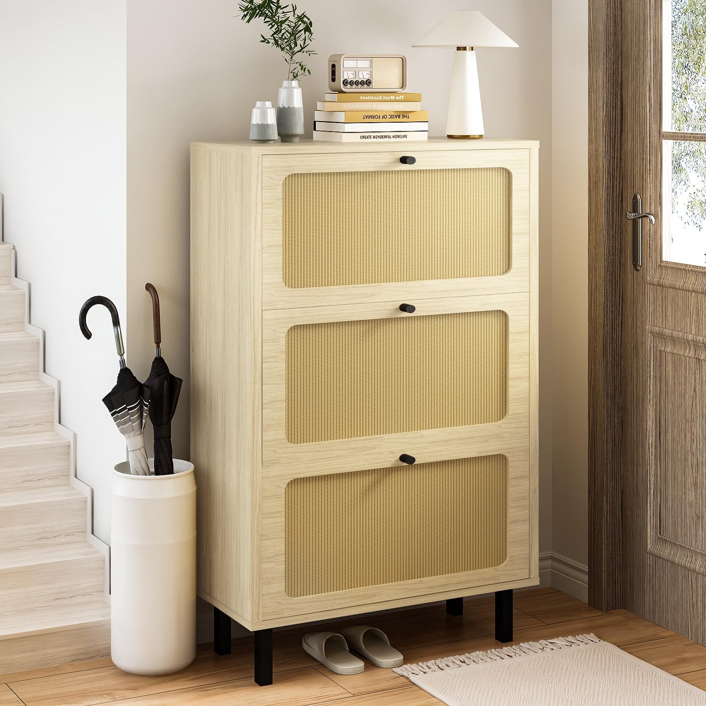 AWQM  Freestanding shoe cabinet with 3 rattan flip-up drawers