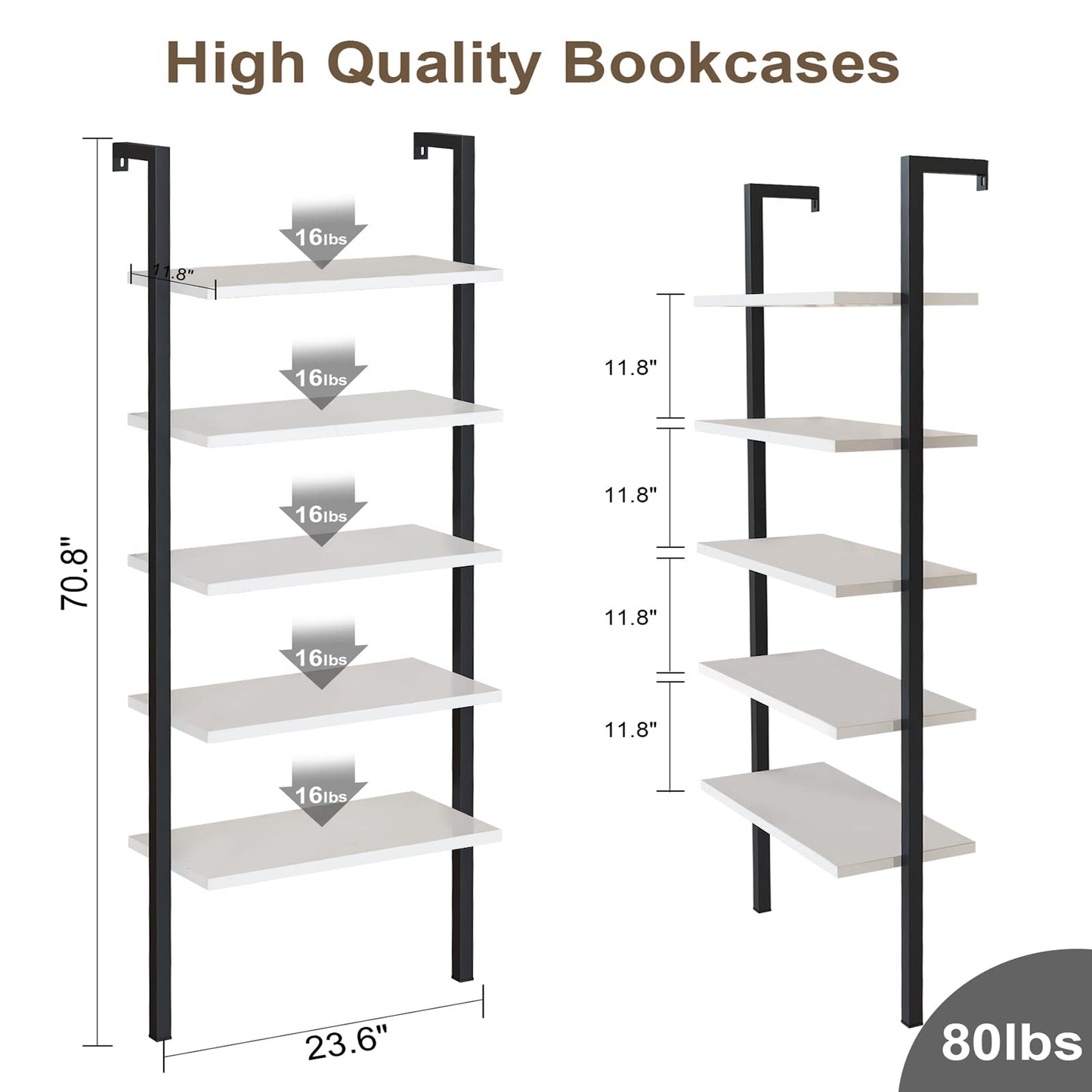 AWQM Wall Mounted Bookcase, Industrial Ladder Bookcase