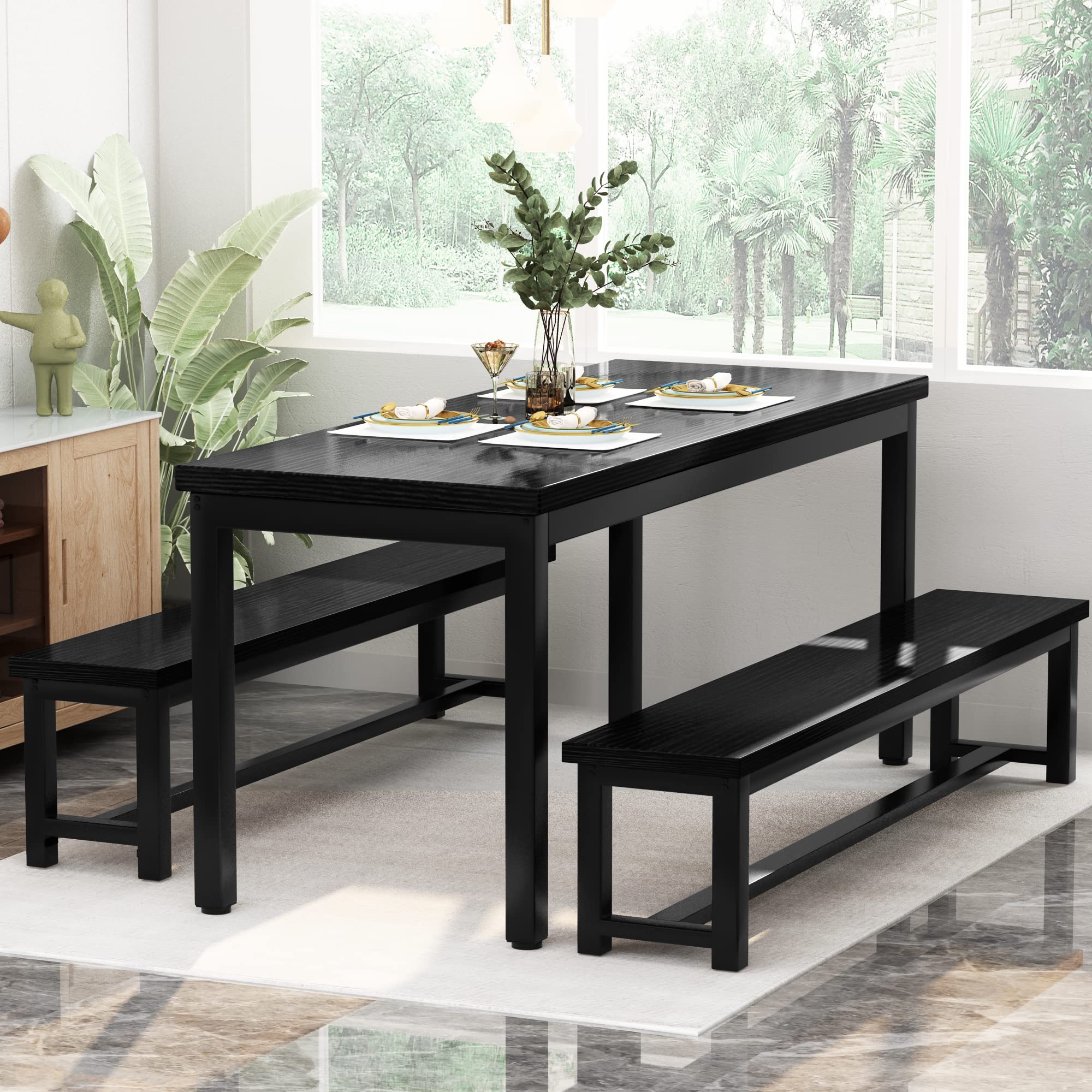 AWQM Dining Room Table Set, Kitchen Set with 2 Benches, Ideal for Home, and Room, Breakfast of 43.3x23.6x28.5 inches, Benches 38.5x11.8x17.5 Black