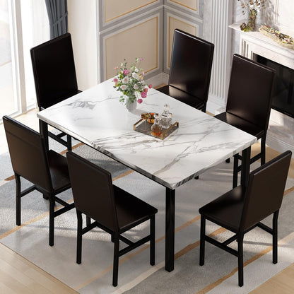 AWQM Marble 6 Person Dining Table Set 7 Piece Kitchen Table and Chairs