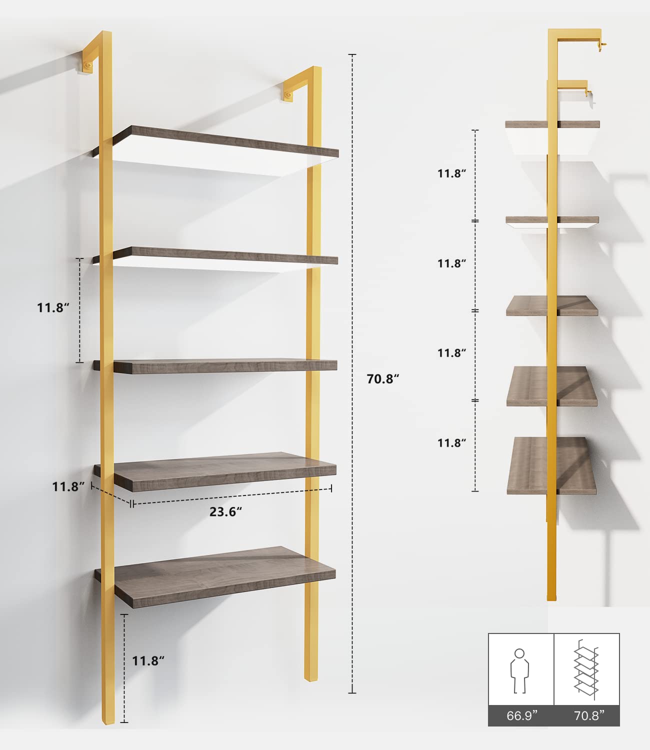 AWQM Wall Mounted Bookcase, Industrial Ladder Bookcase