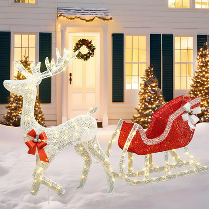 AWQM 4FT Christmas Decorated Reindeer and Sleigh Set