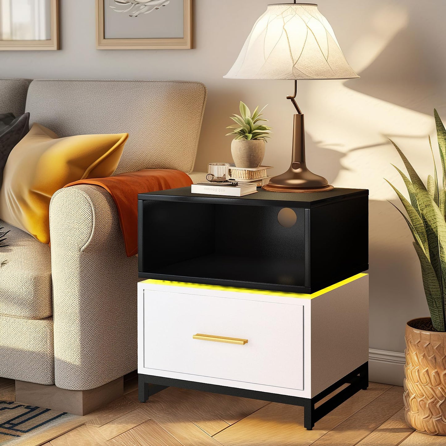 AWQM  Nightstand with Charging Post, Modern 7 Color LED Nightstand