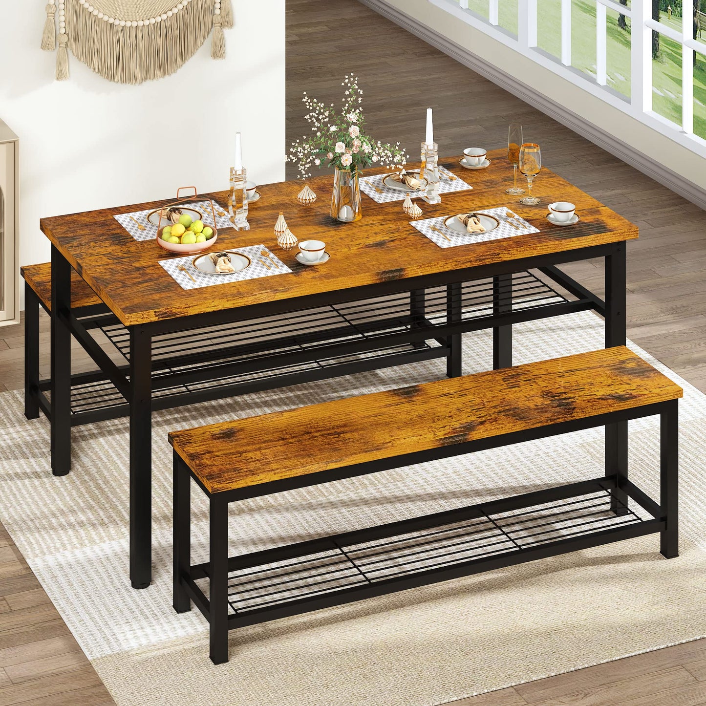 AWQM 43.3” Dining Table Set for 4, Kitchen Table with 2 Benches, Dining Room Table Set with Metal Frame and Storage Shelves