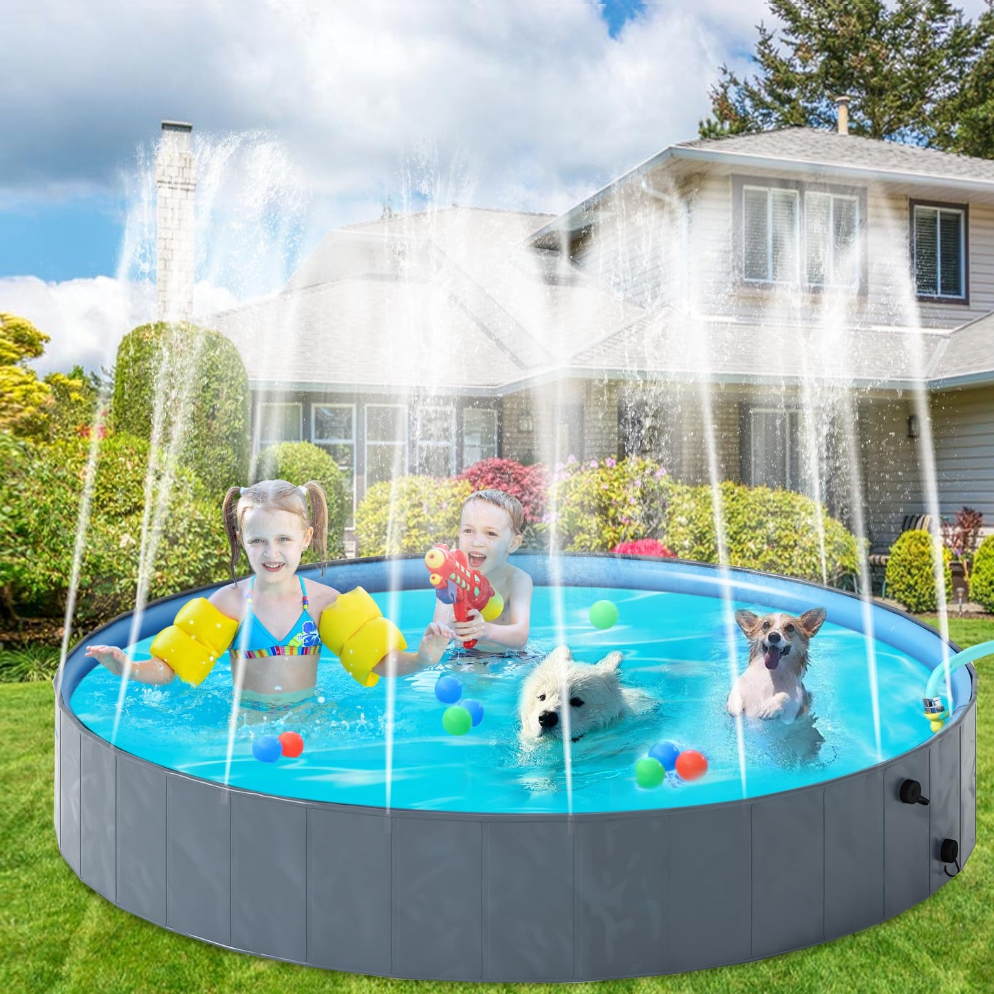 AWQM Collapsible Dog Pool with Sprinkler, Outdoor Portable Non-Slip Kids Pools