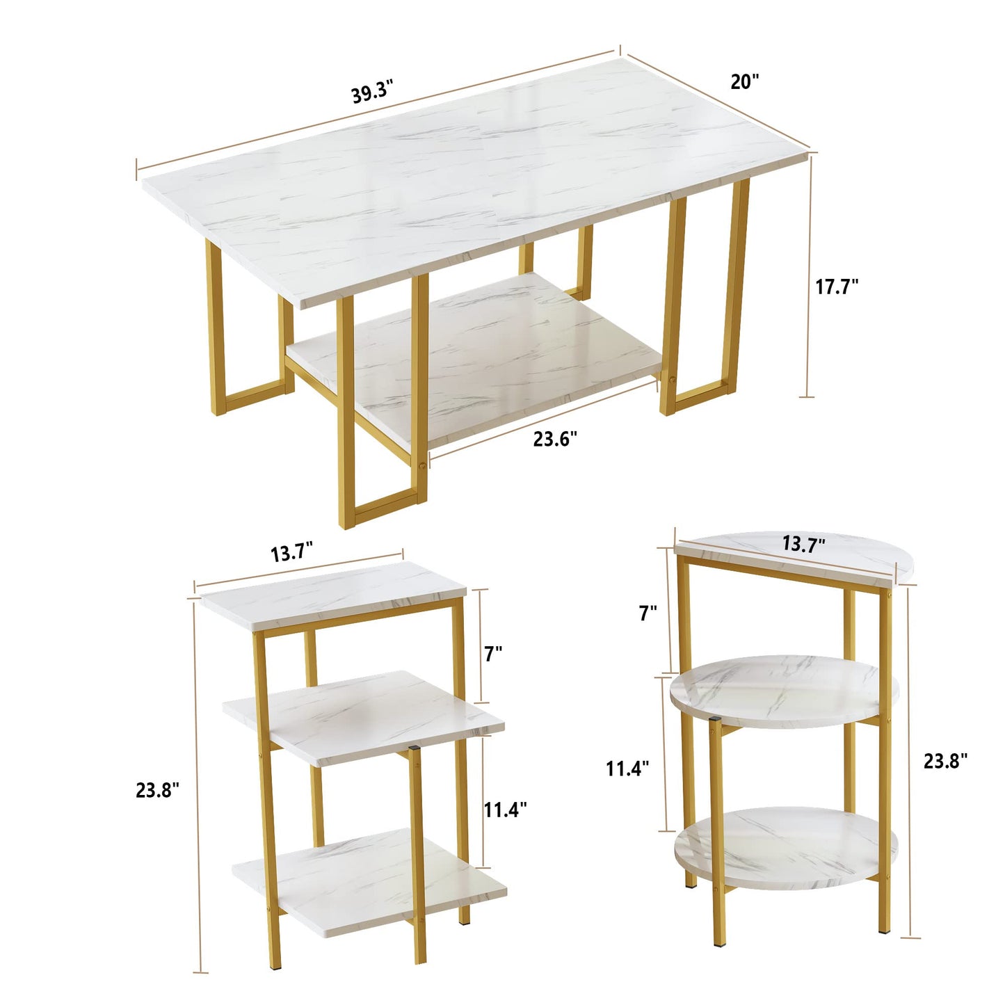 AWQM marble dining coffee table with 2 side tables, metal frame