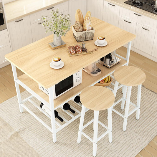 AWQM Island Table with Seat and Storage, Beige, 3 Shelves, Wooden Top Height