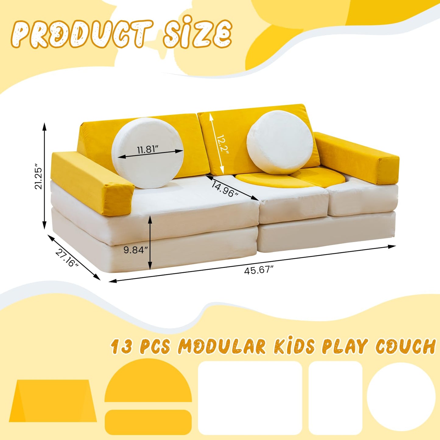 AWQM 13-piece modular children's play sofa, kids sofa with washable velvet cover