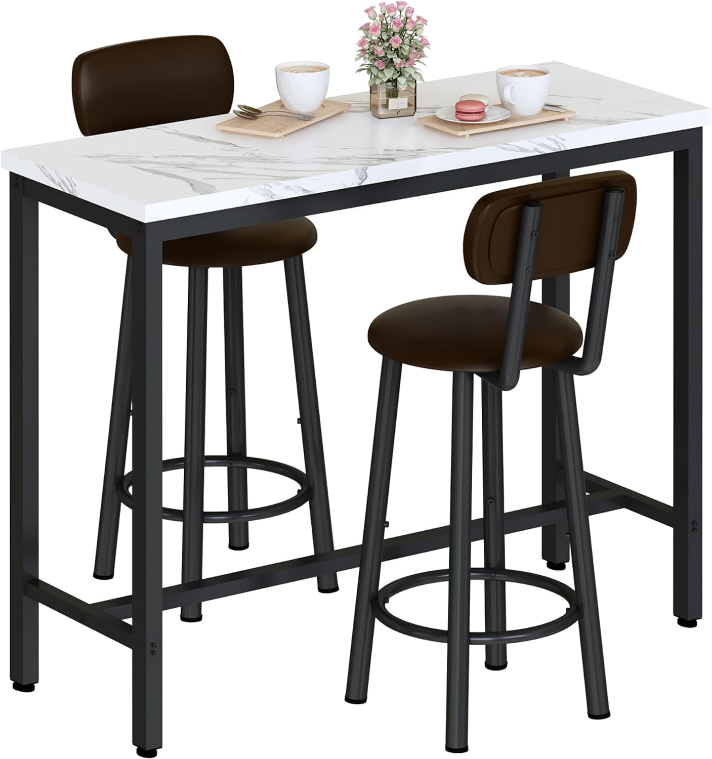 AWQM Marble Kitchen Dining Table Set with 2 Bar Set for 4