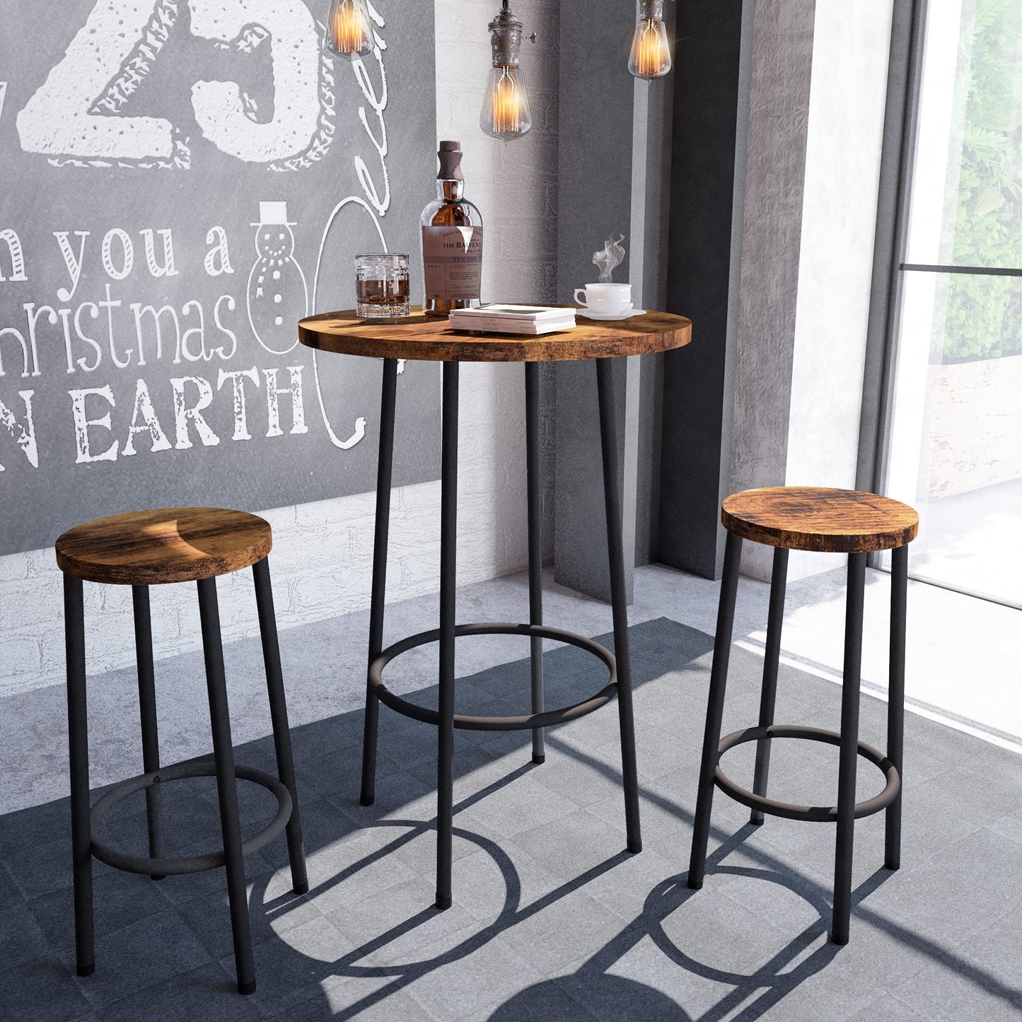 AWQM Industrial Wooden Bar Set, Coffee High Table Set with 2 Stools