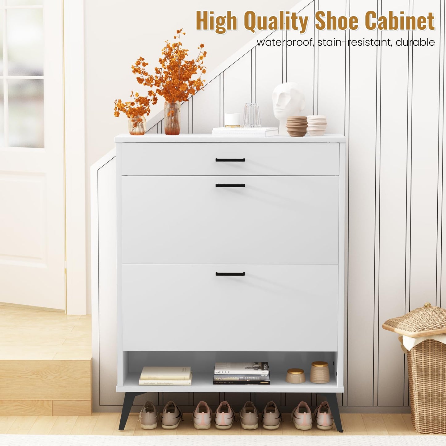 AWQM Entryway Shoe Cabinet, Freestanding Shoe Cabinet with 2 Flip-Flop Drawers