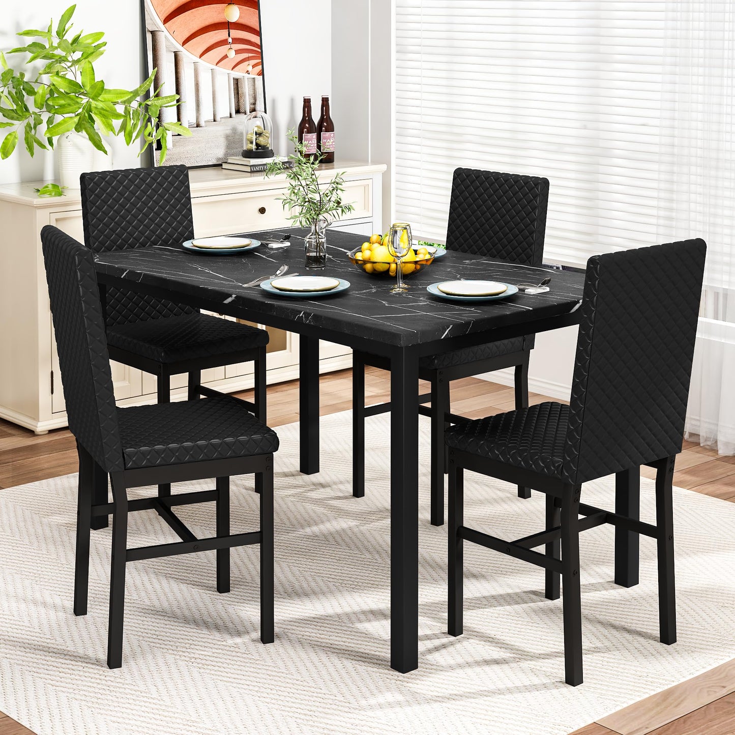 AWQM marble dining table, dining table for 4, velvet stool dining table