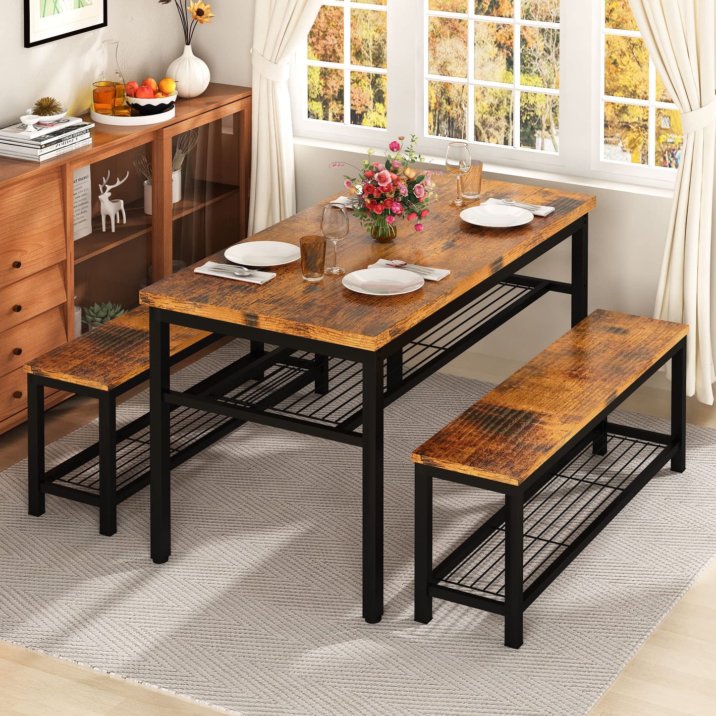 AWQM 43.3” Dining Table Set for 4, Kitchen Table with 2 Benches, Dining Room Table Set with Metal Frame and Storage Shelves