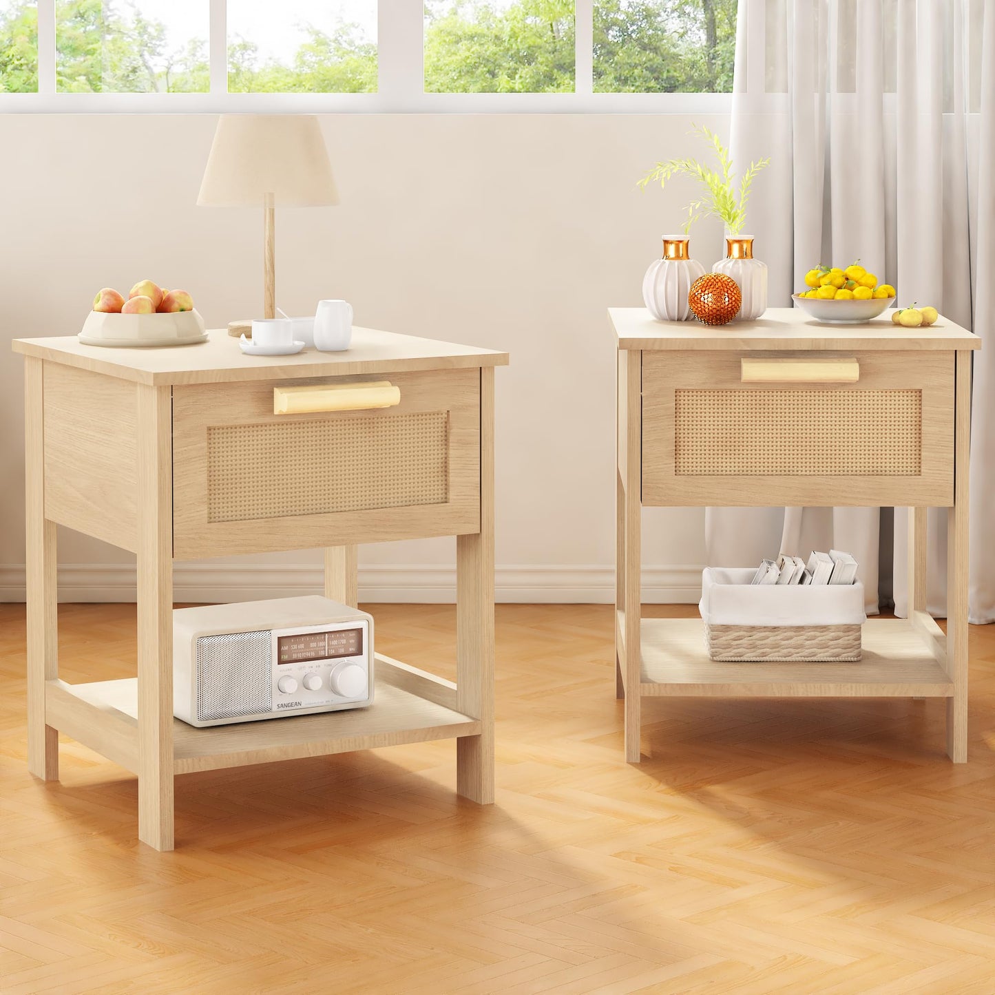 AWQM Bedside table, rattan coffee table, side table with rattan drawers and open shelves