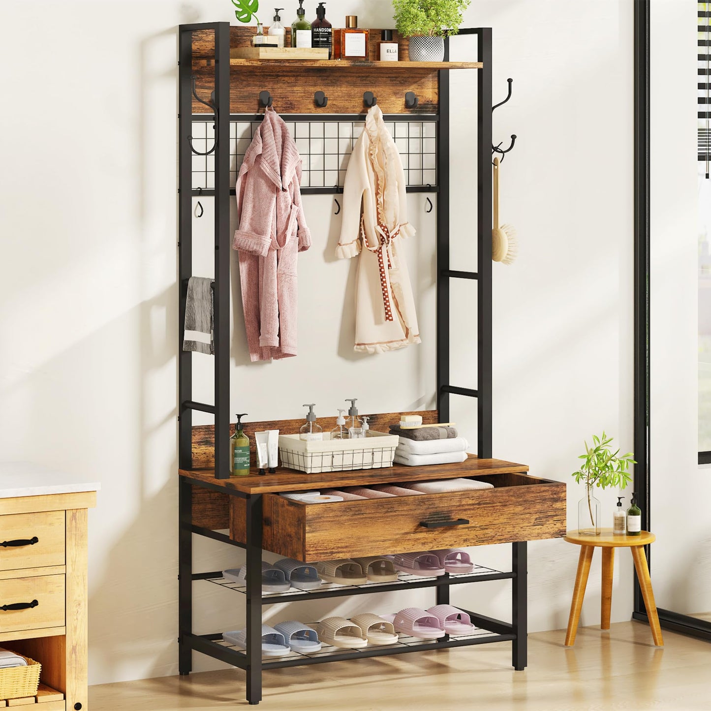 WAQM with bench and shoe cabinet, 5-in-1 coat rack