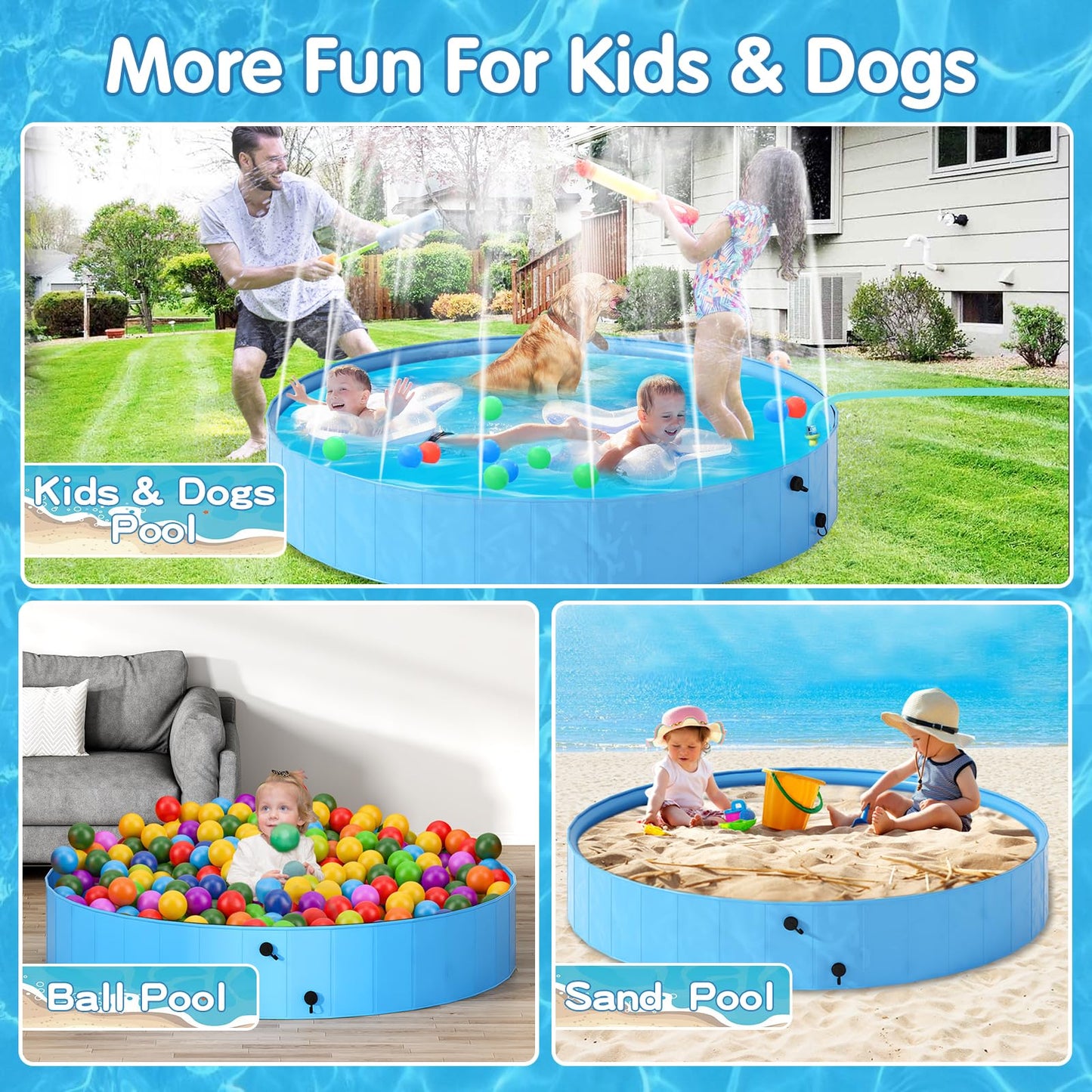 AWQM Collapsible Dog Pool with Sprinkler, Outdoor Portable Non-Slip Kids Pools