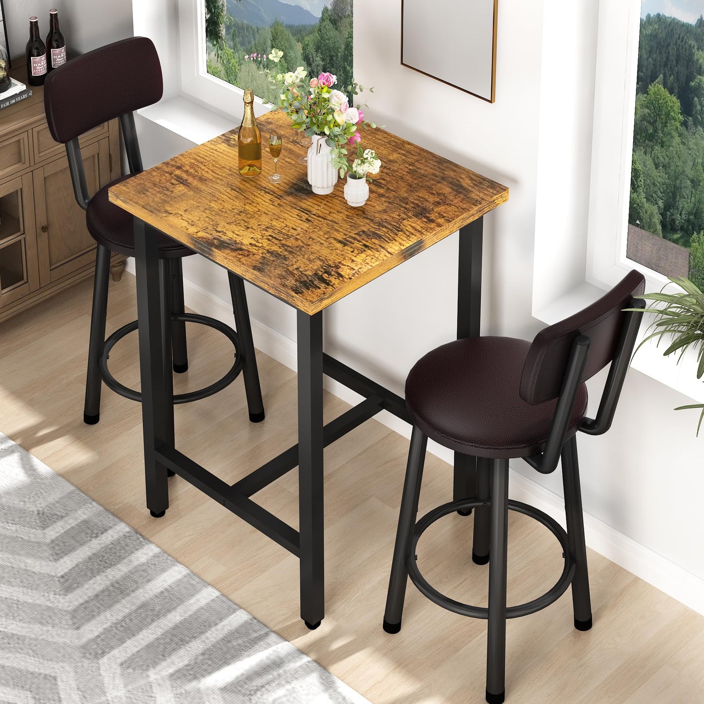 AWQM Industrial Wooden 3 Piece Bar Dining Table Set Counter Height Wooden Tabletop Bistro