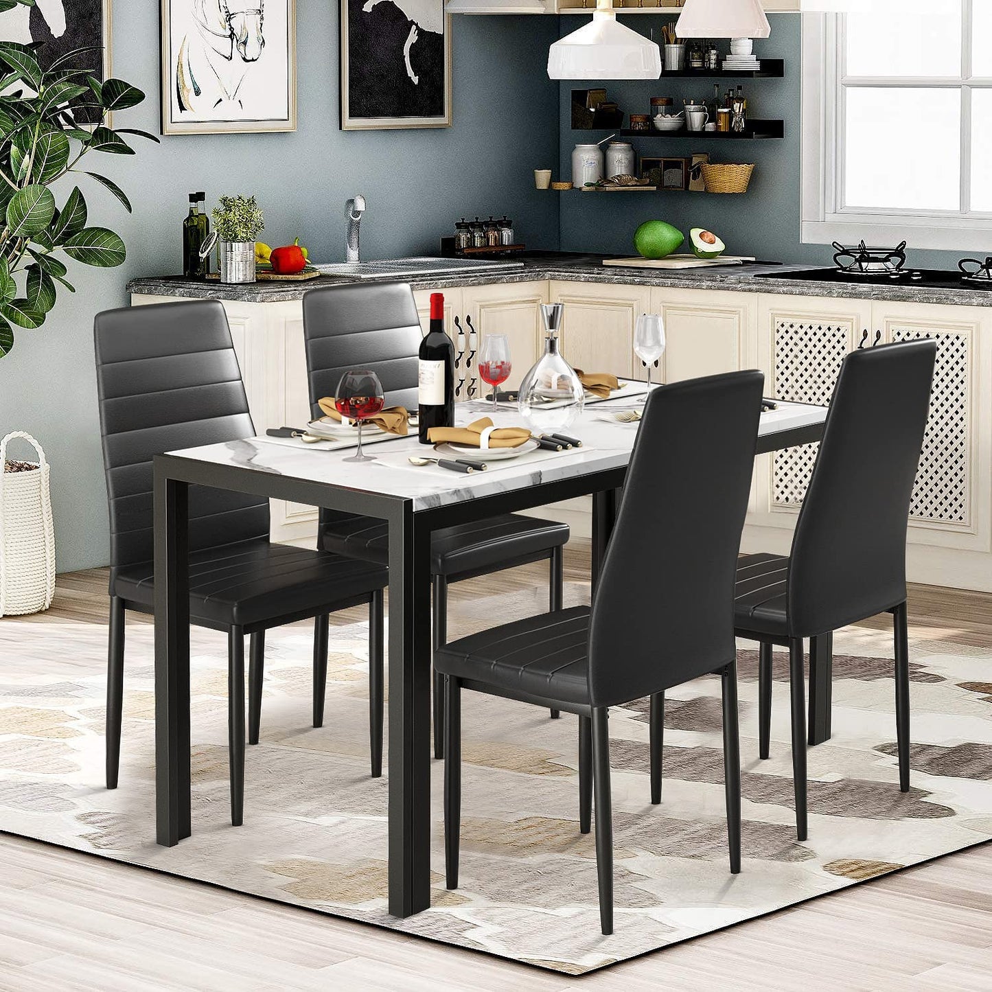 AWQM Marble Dining Table and Chairs for 4, 5-Piece Dining Set