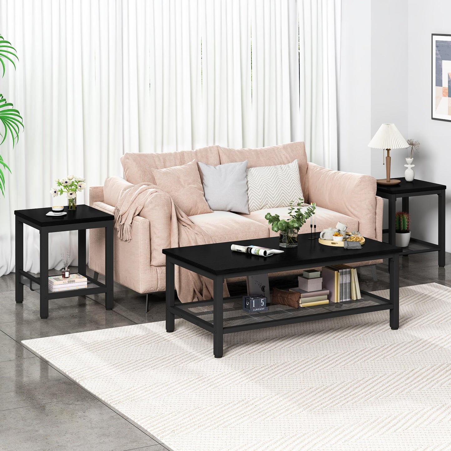 AWQM Industrial Coffee Table and 2 Square Side Tables