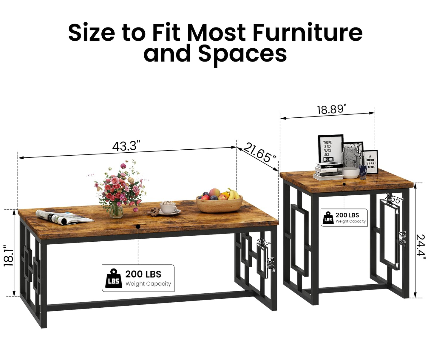 AWQM Industrial Wooden Coffee Table Set, 3 Piece Set of Two Side Tables