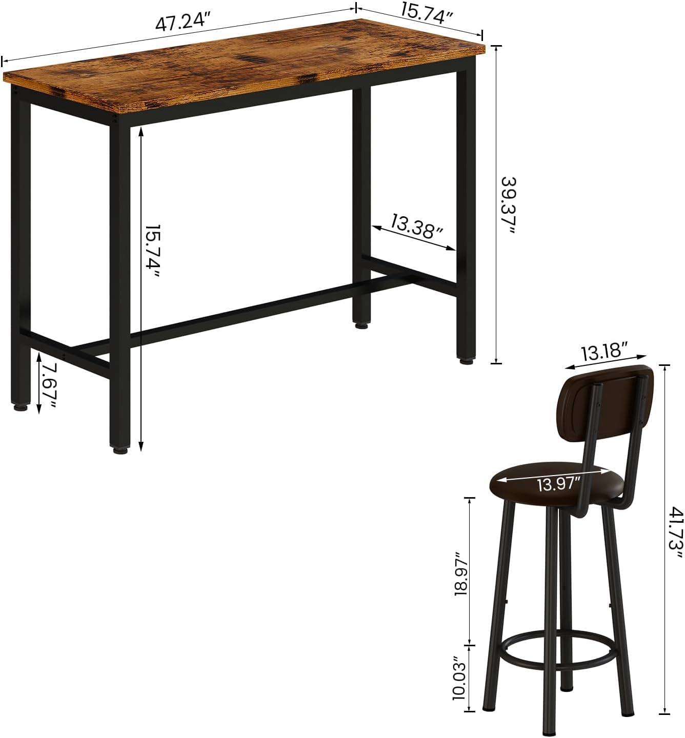 AWQM Industrial Wooden Dining Table Set with 2 Bars for 4 People