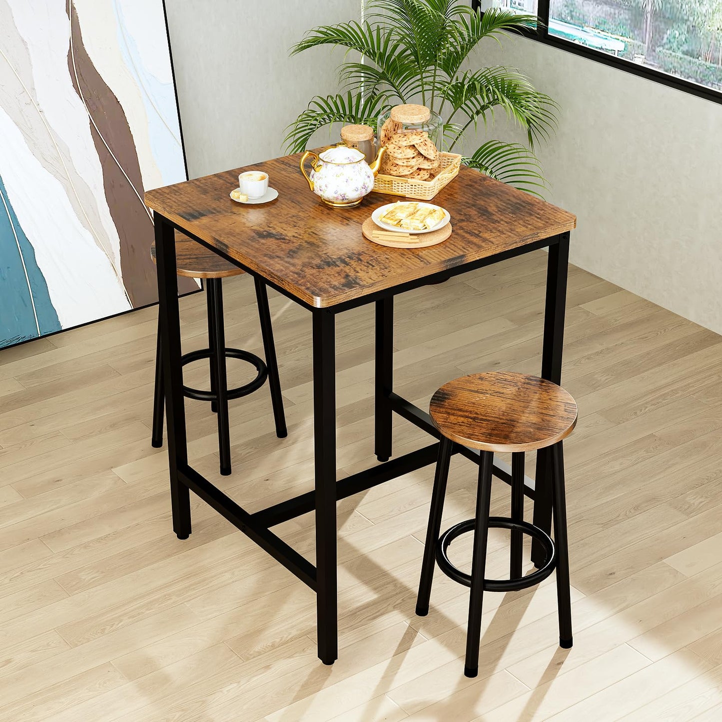 AWQM 3 Piece Bistro Table Set for 2, Kitchen Square Breakfast Table Set, Bar Table