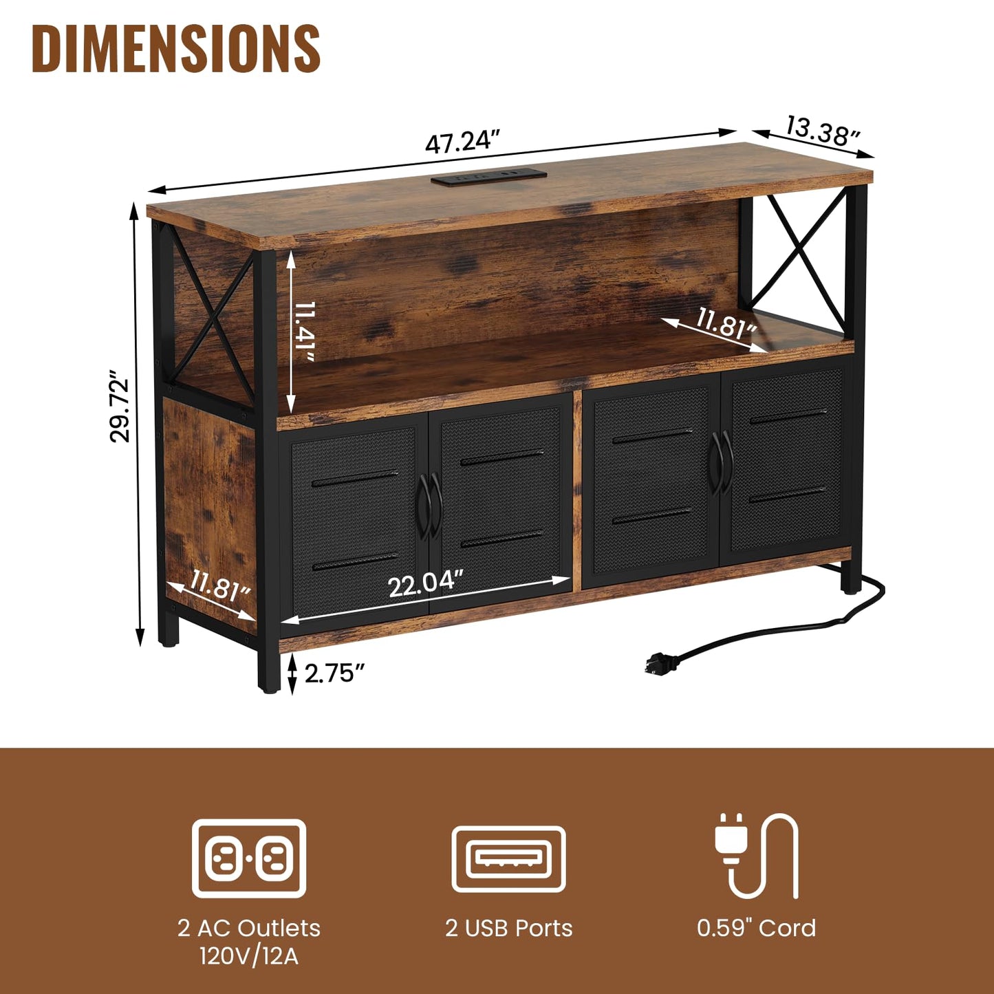 AWQM Retro Kitchen Freestanding Storage Cabinet with Power Socket and USB Port