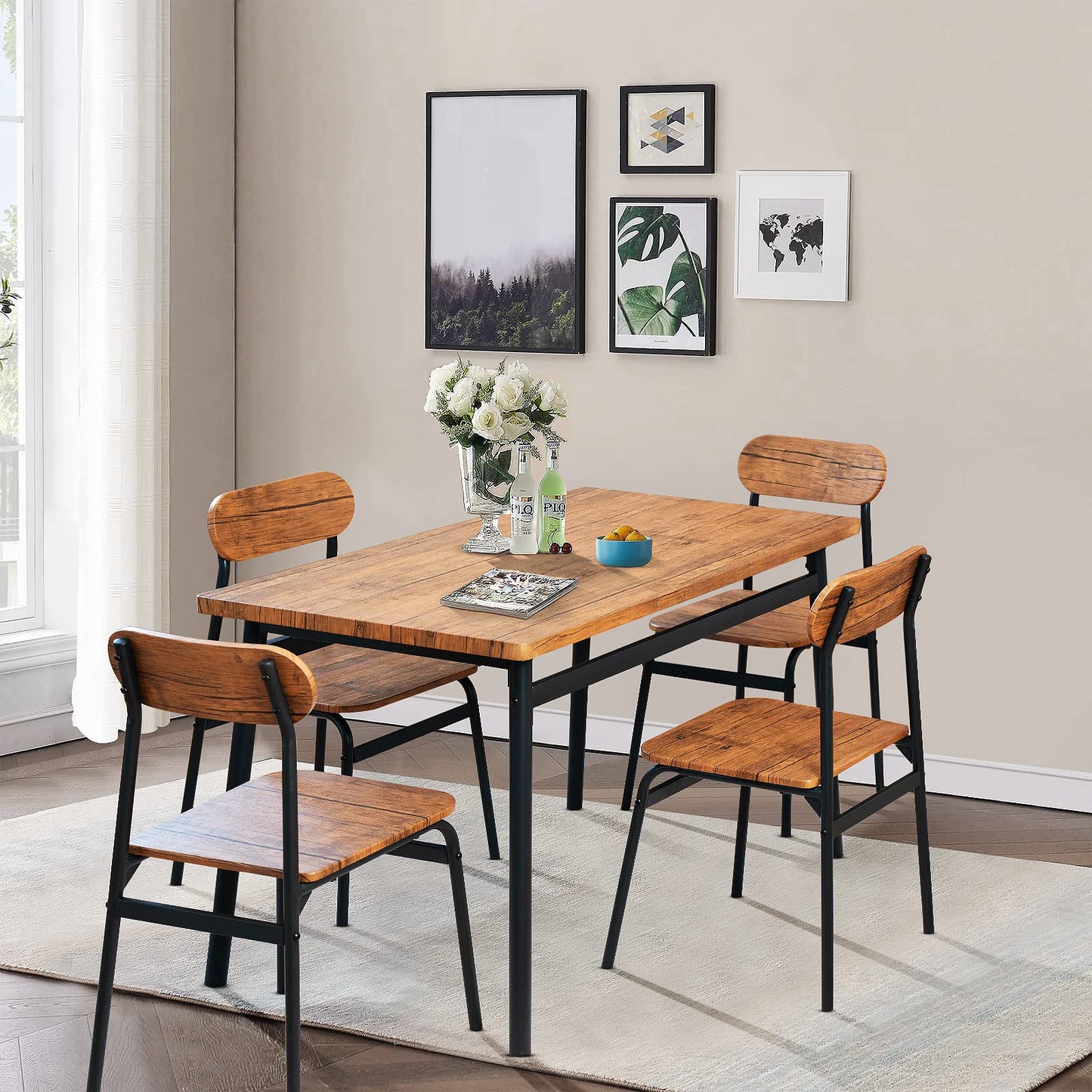 AWQM Industrial Wooden Table Top 4 Dining Table Set of 5 Metal Frame