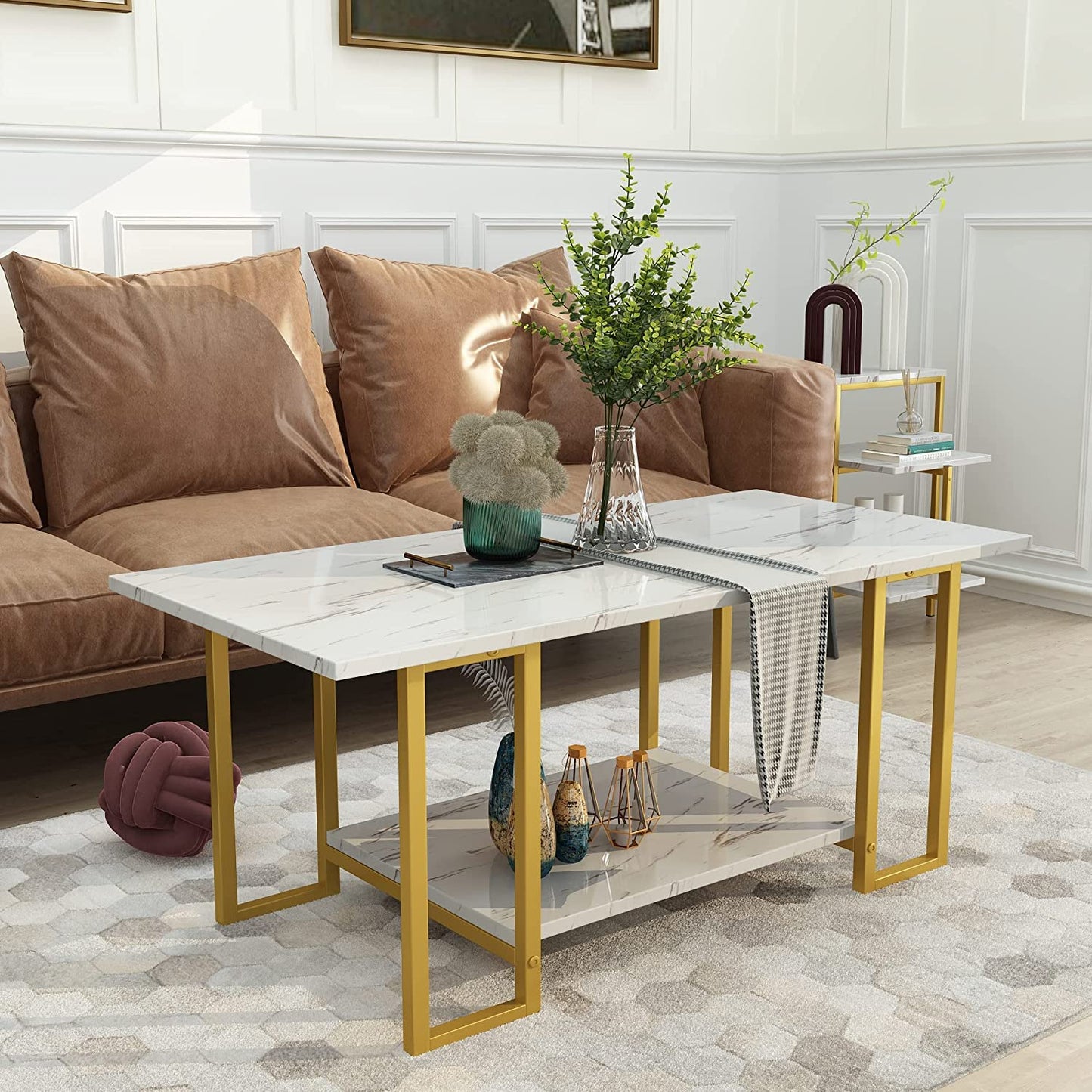 AWQM marble dining coffee table with 2 side tables, metal frame