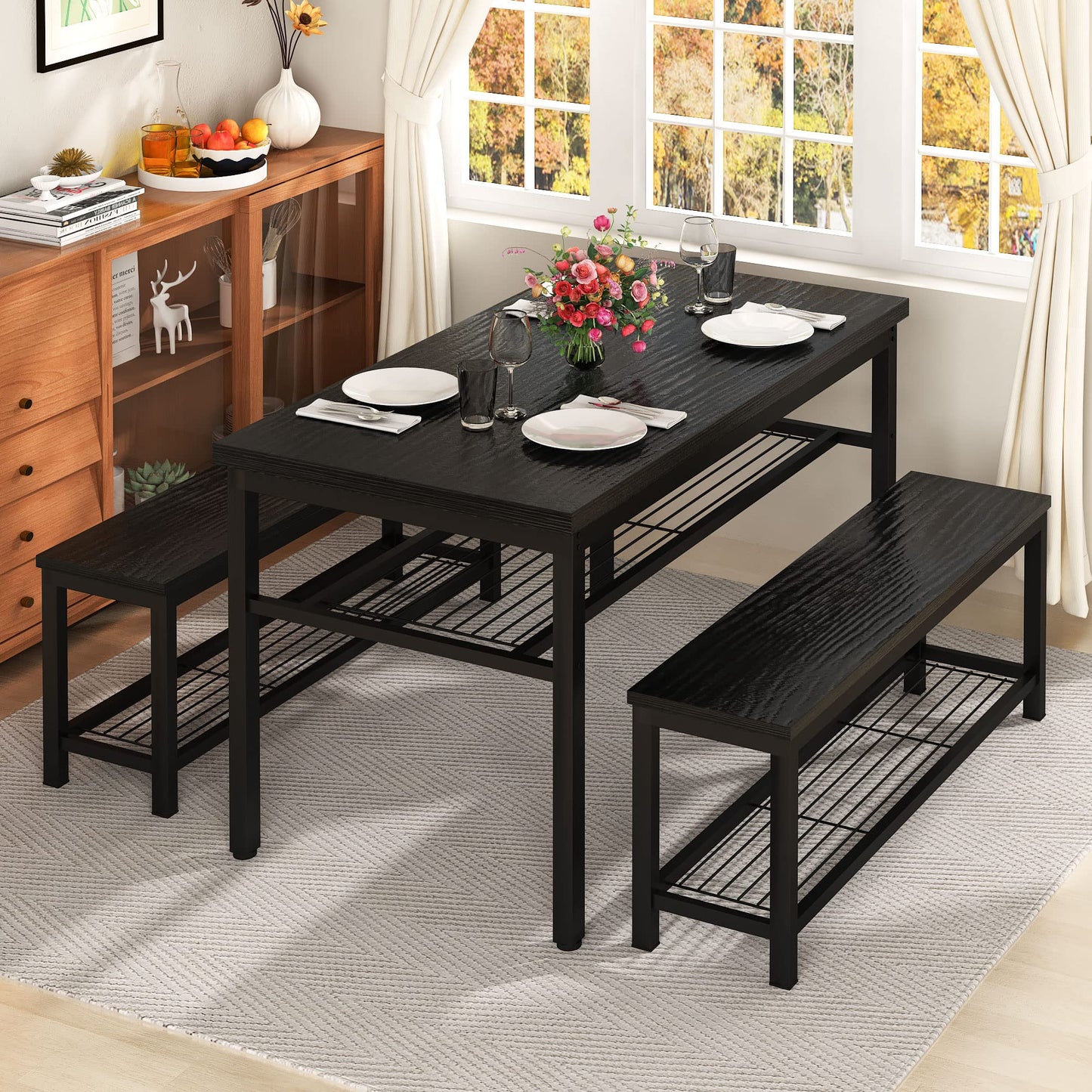 AWQM 43.3” Dining Table Set for 4, Kitchen Table with 2 Benches, Dining Room Table Set with Metal Frame and Storage Shelves