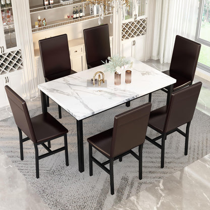 AWQM Marble 6 Person Dining Table Set 7 Piece Kitchen Table and Chairs