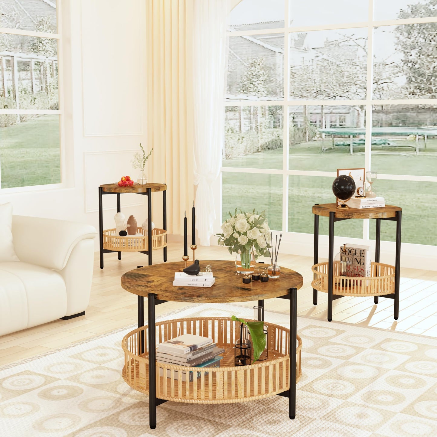 AWQM Coffee Table Tier Round Rattan Coffee Table Side Table with Metal Frame