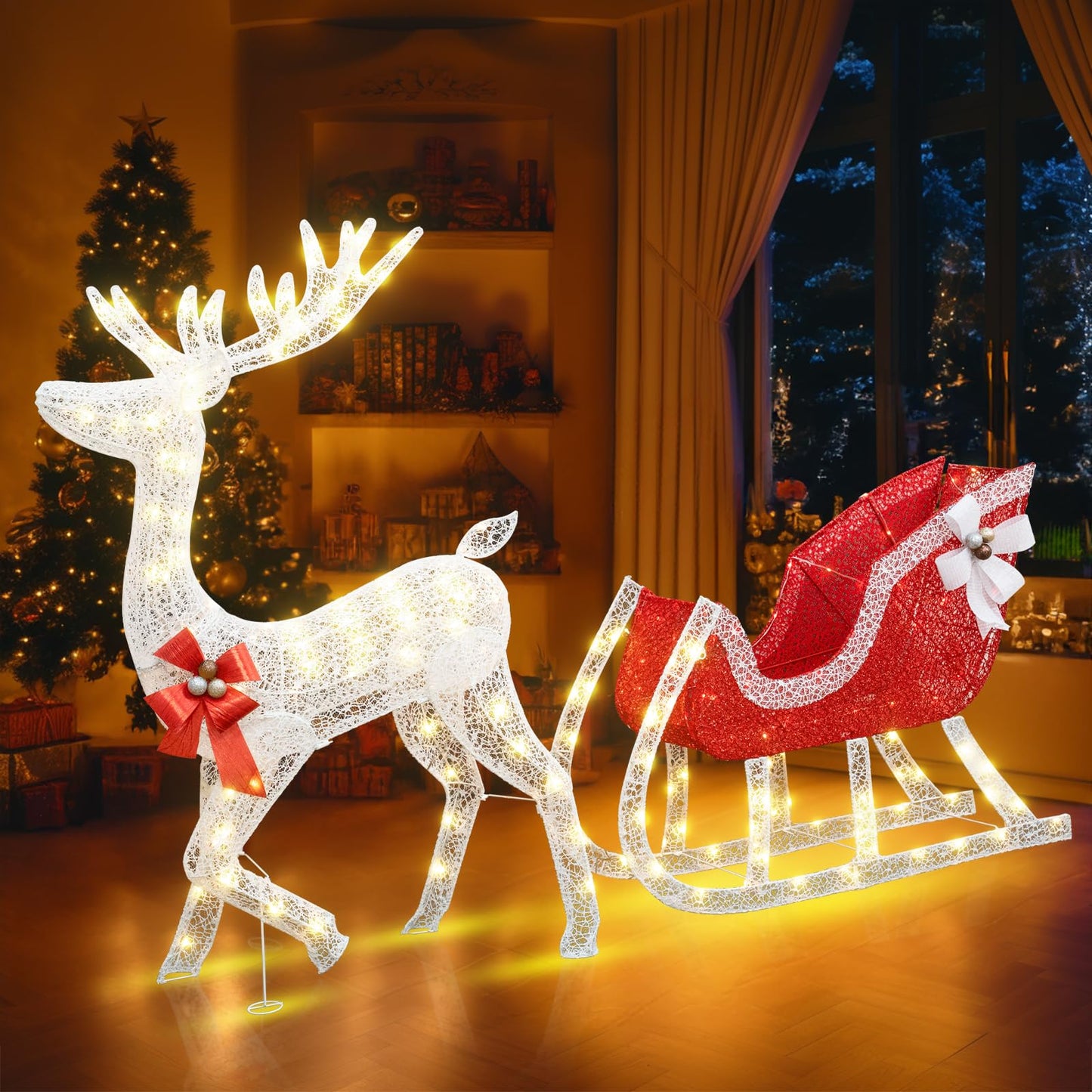 AWQM 4FT Christmas Decorated Reindeer and Sleigh Set