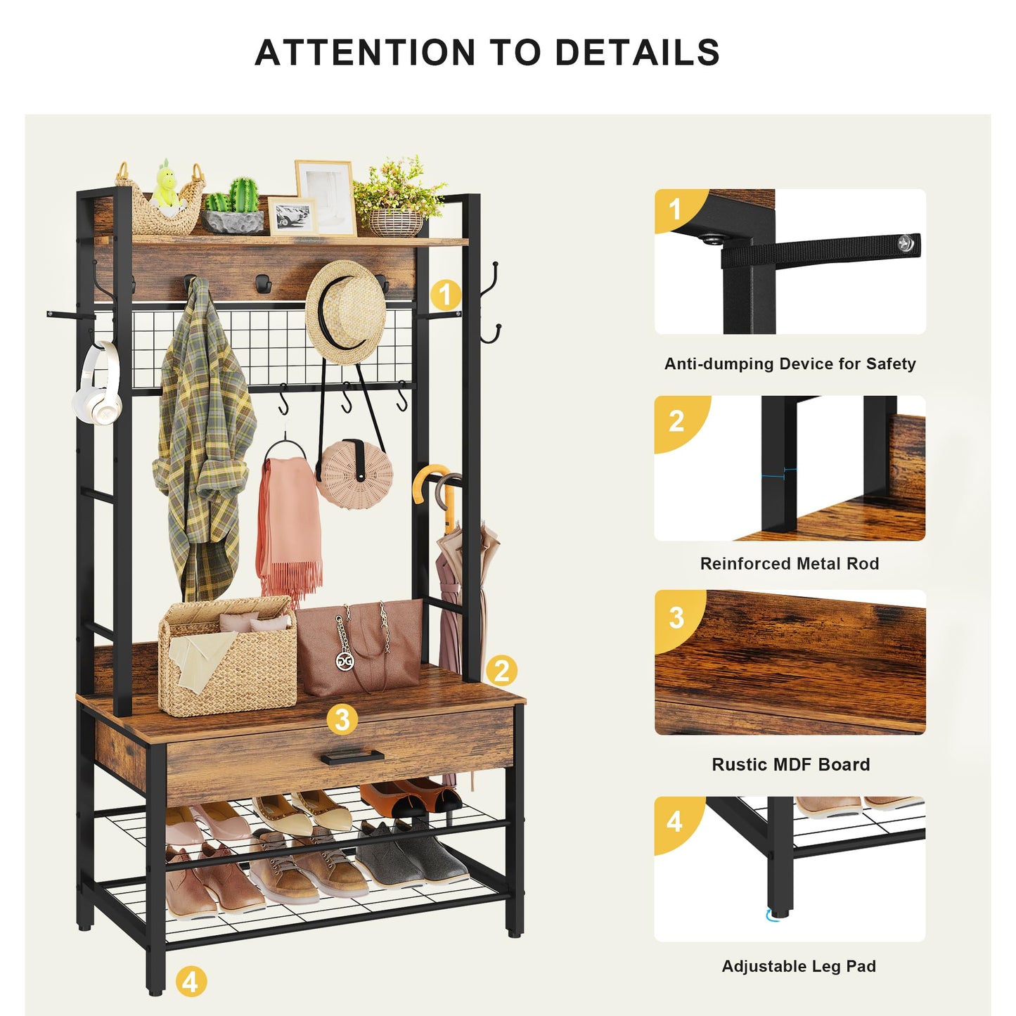 WAQM with bench and shoe cabinet, 5-in-1 coat rack