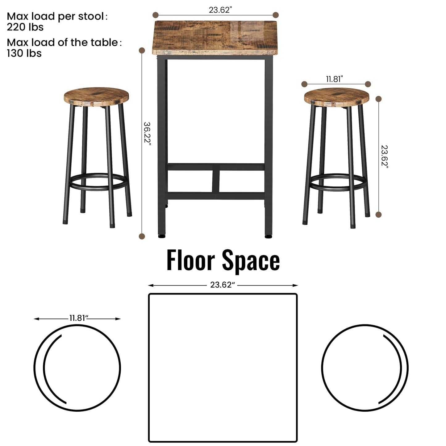 AWQM 3 Piece Bistro Table Set for 2, Kitchen Square Breakfast Table Set, Bar Table