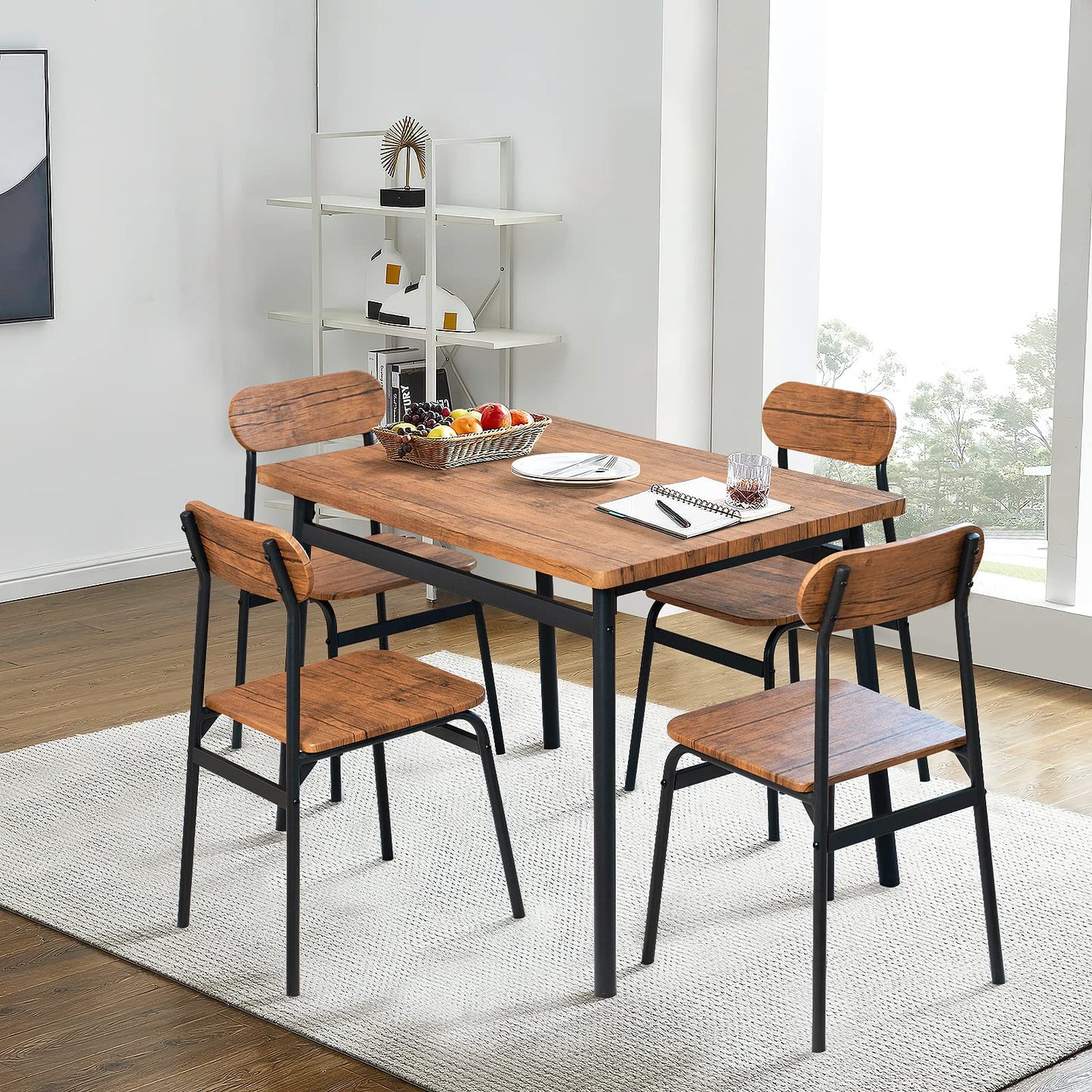 AWQM Industrial Wooden Table Top 4 Dining Table Set of 5 Metal Frame