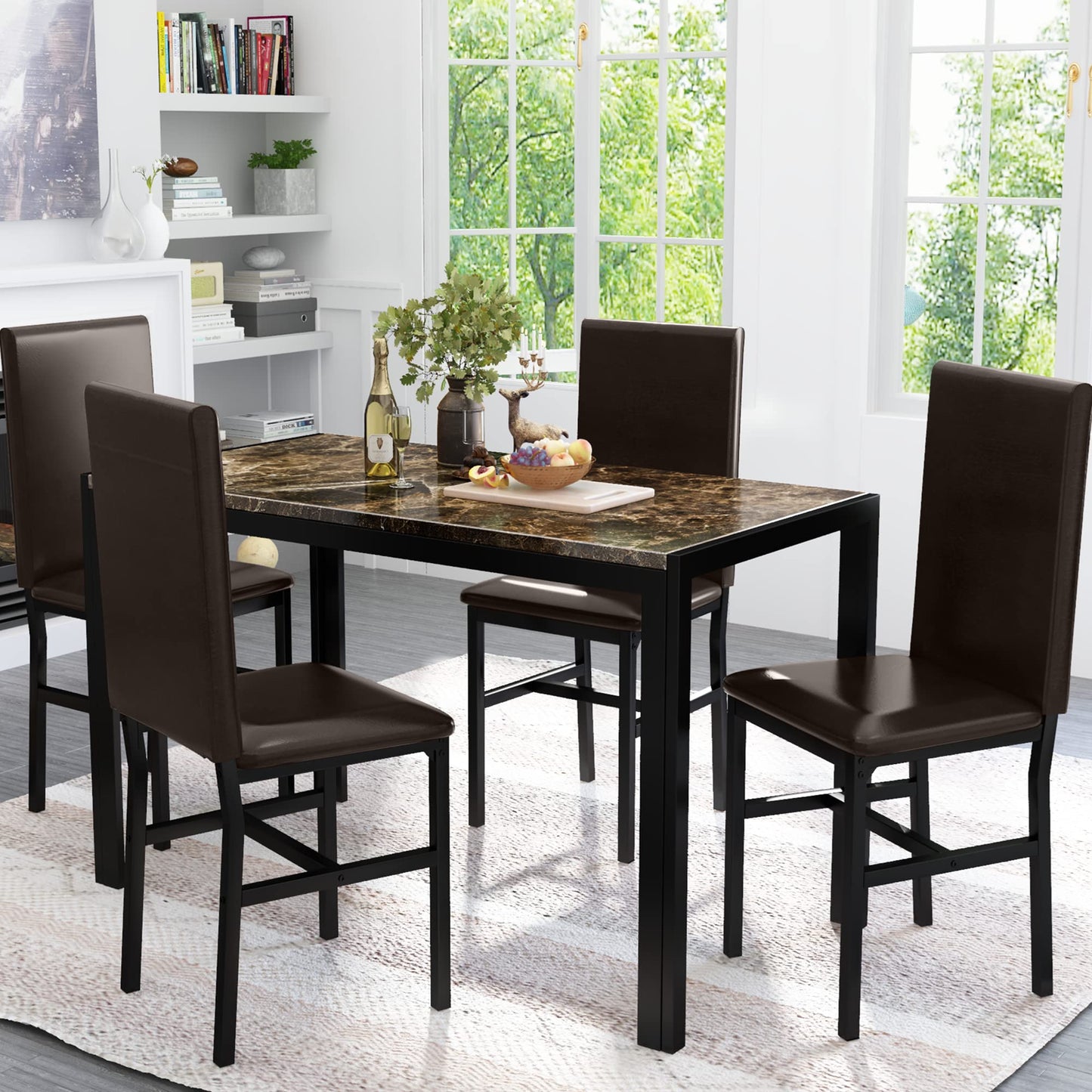 AWQM Marble Dining Table and Chairs for 4, 5-Piece Dining Set