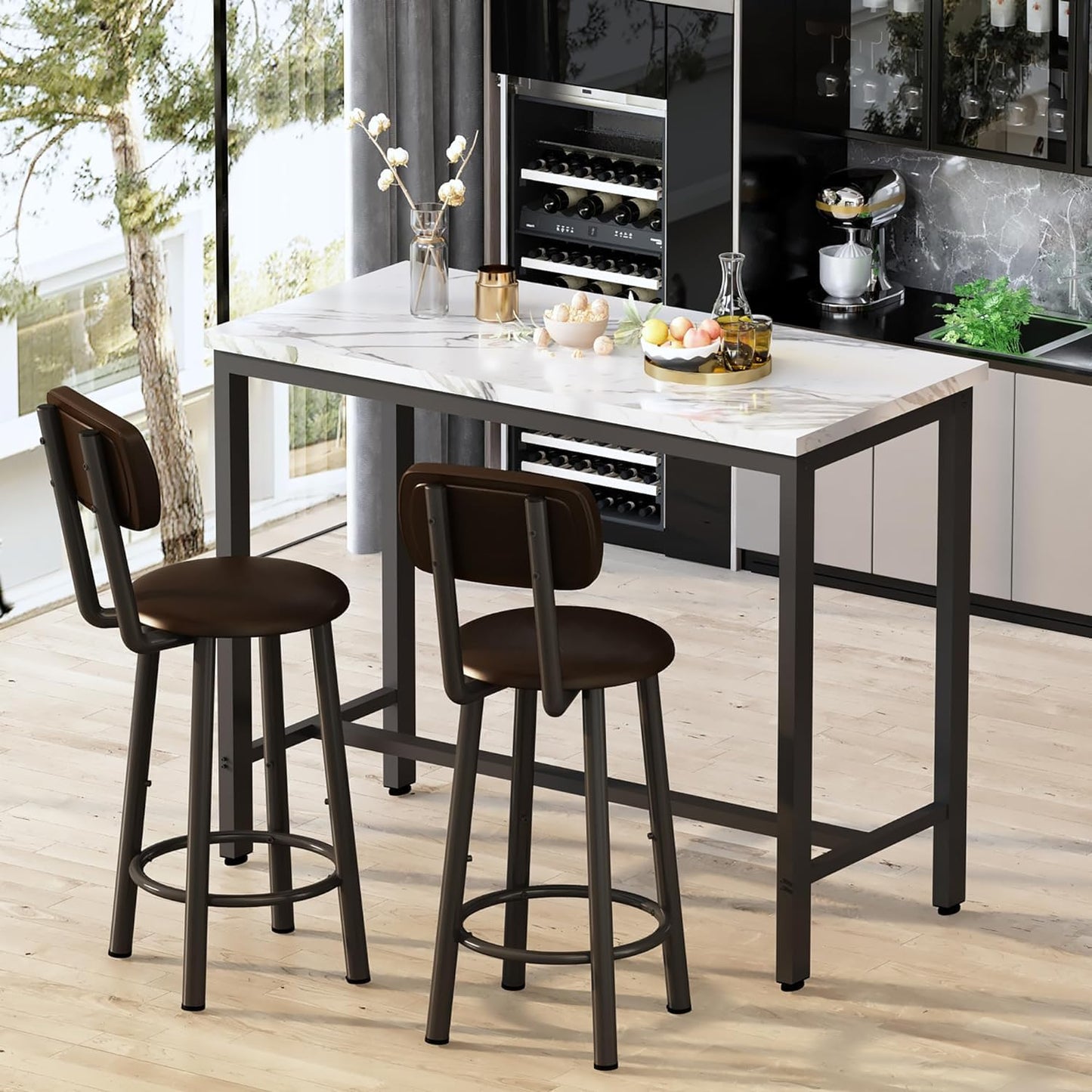 AWQM Marble Kitchen Dining Table Set with 2 Bar Set for 4