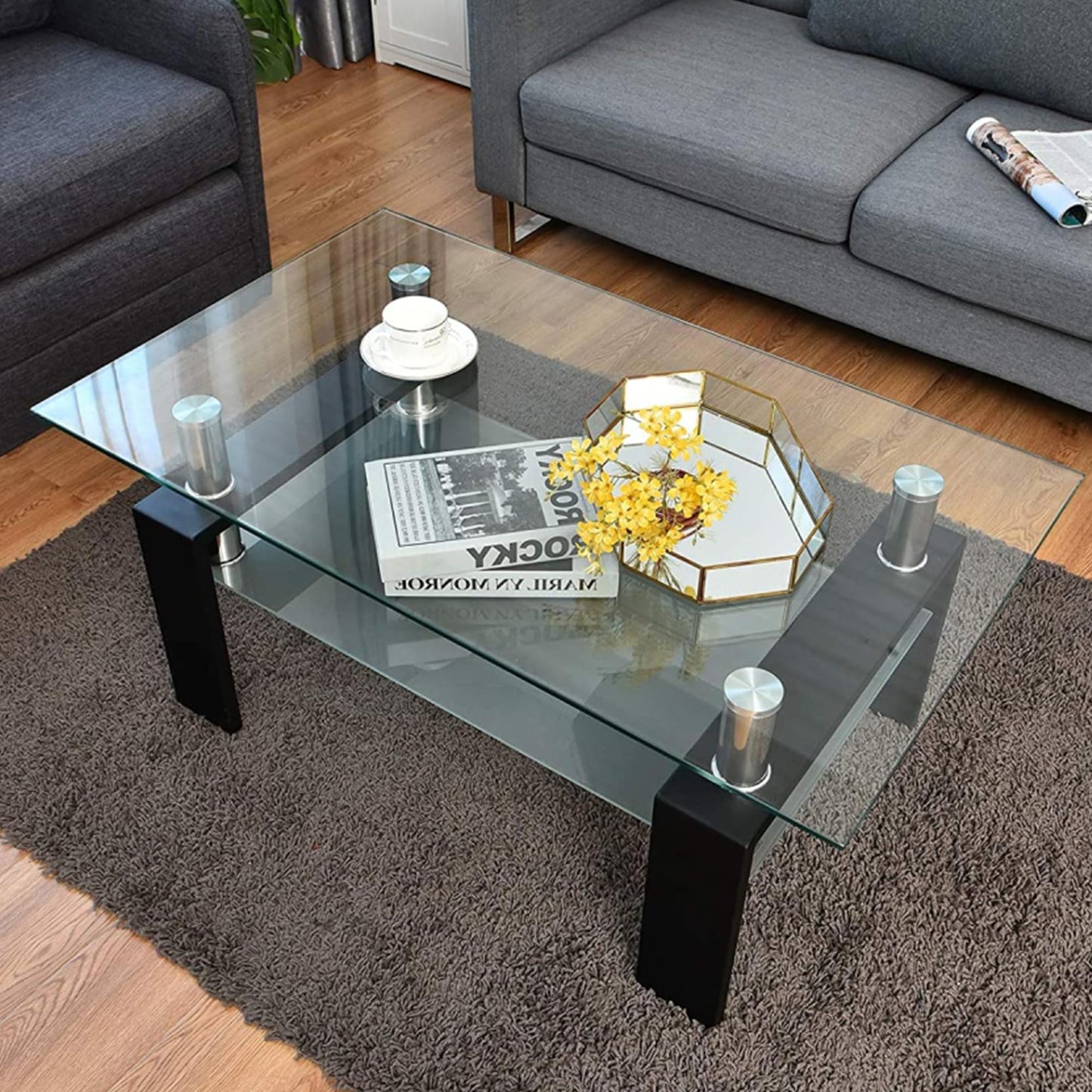 AWQM Modern Medium Coffee Table Metal Legs Glass Coffee Table