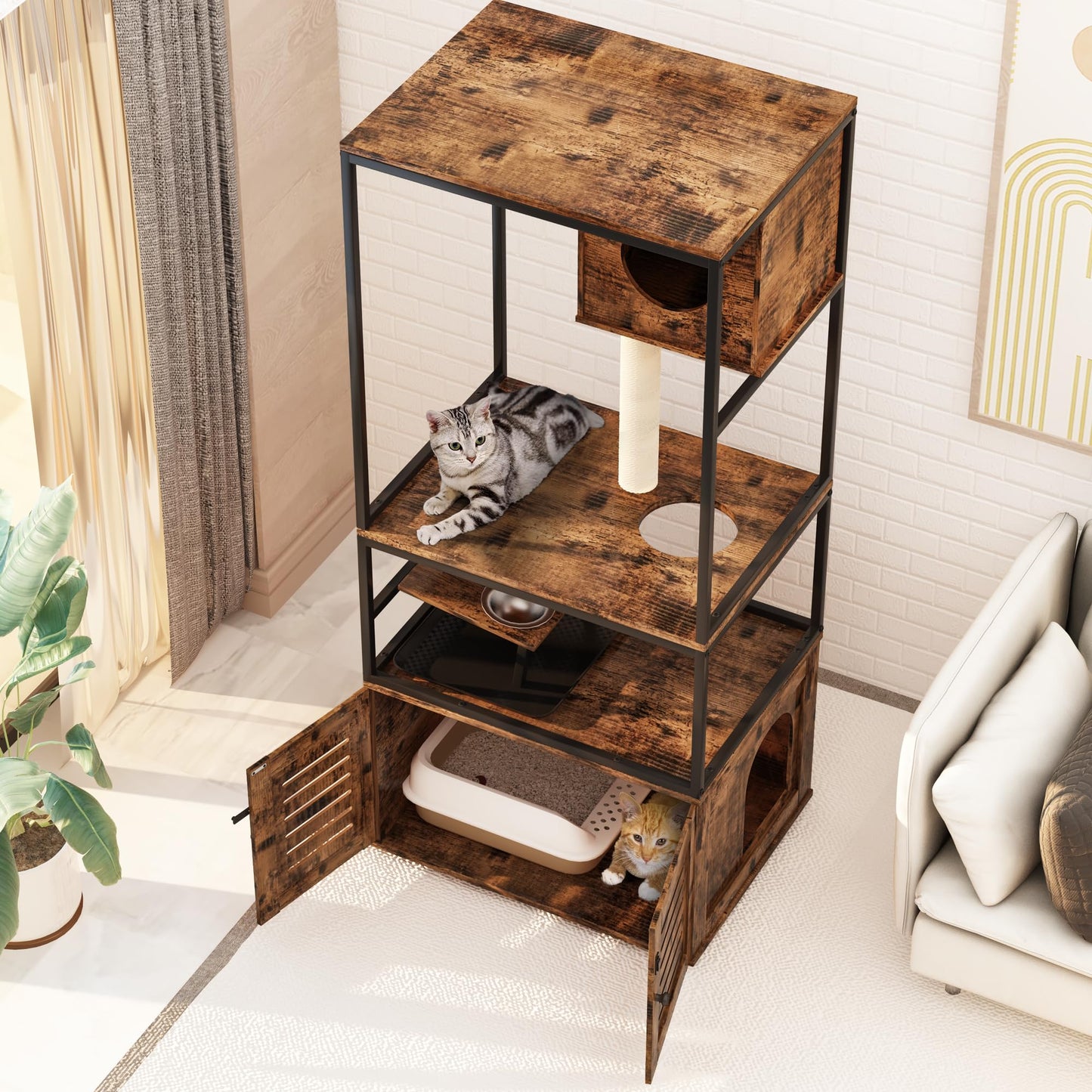 AWQM Wooden Pet Cat House 3 Tier Cat Tree Tower