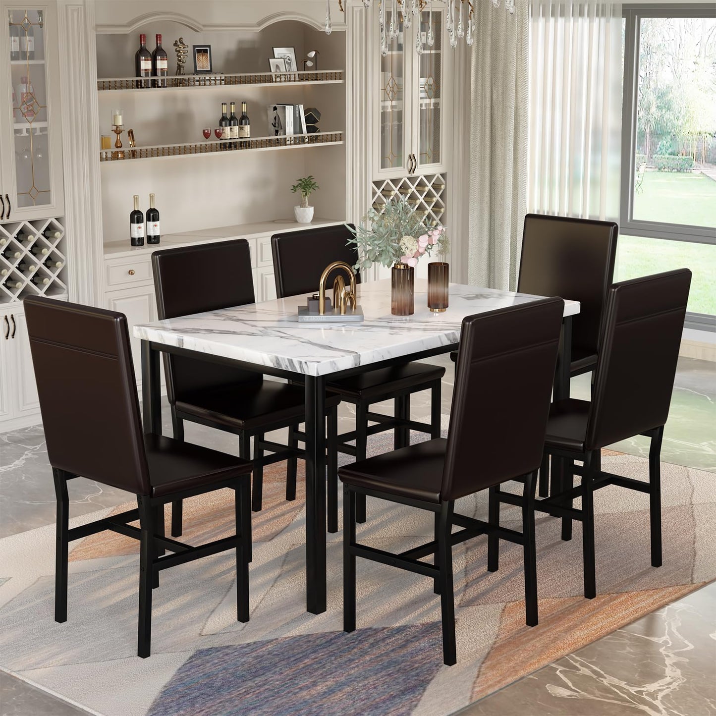 AWQM Marble 6 Person Dining Table Set 7 Piece Kitchen Table and Chairs