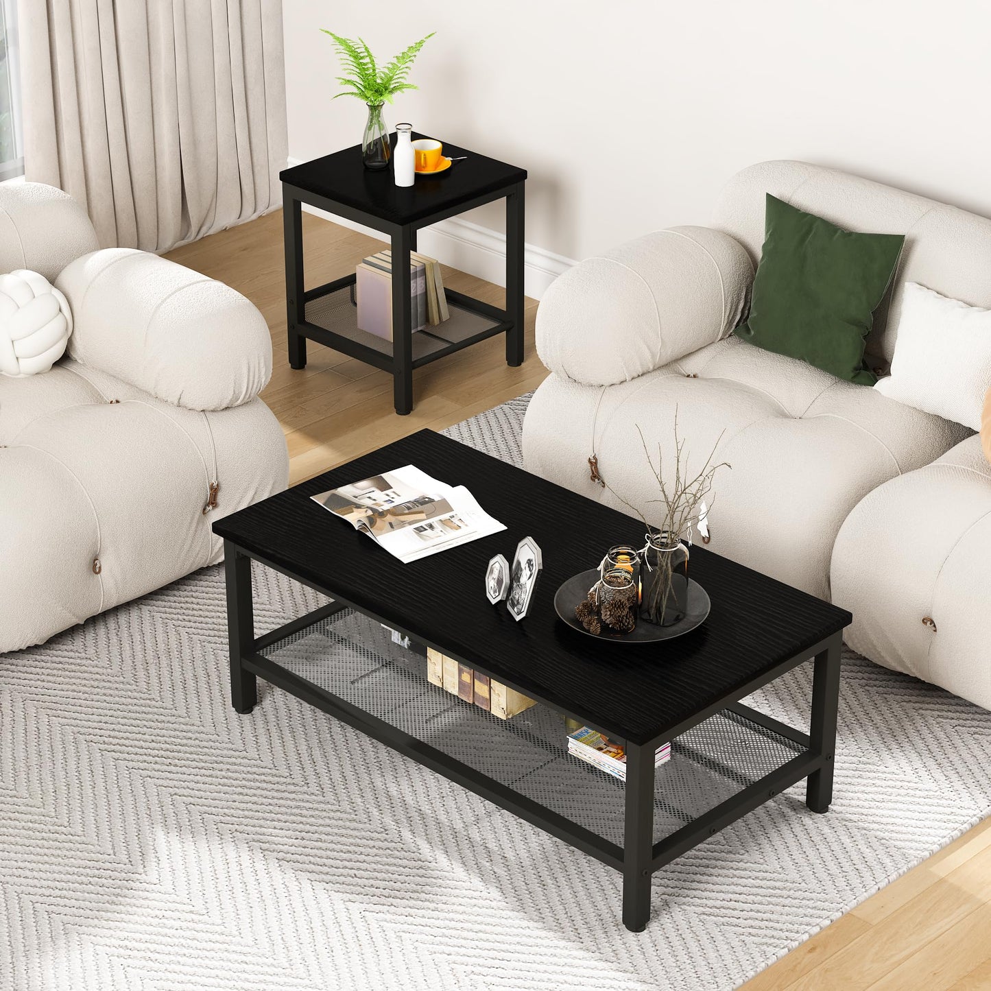 AWQM Industrial Coffee Table and 2 Square Side Tables