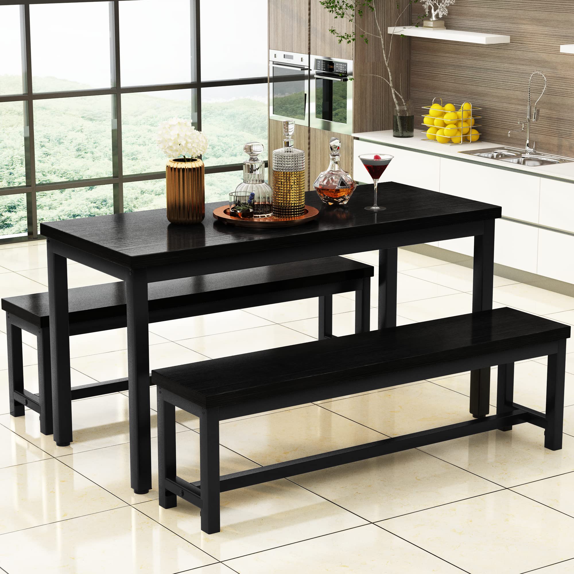 AWQM Dining Room Table Set, Kitchen Set with 2 Benches, Ideal for Home, and Room, Breakfast of 43.3x23.6x28.5 inches, Benches 38.5x11.8x17.5 Black