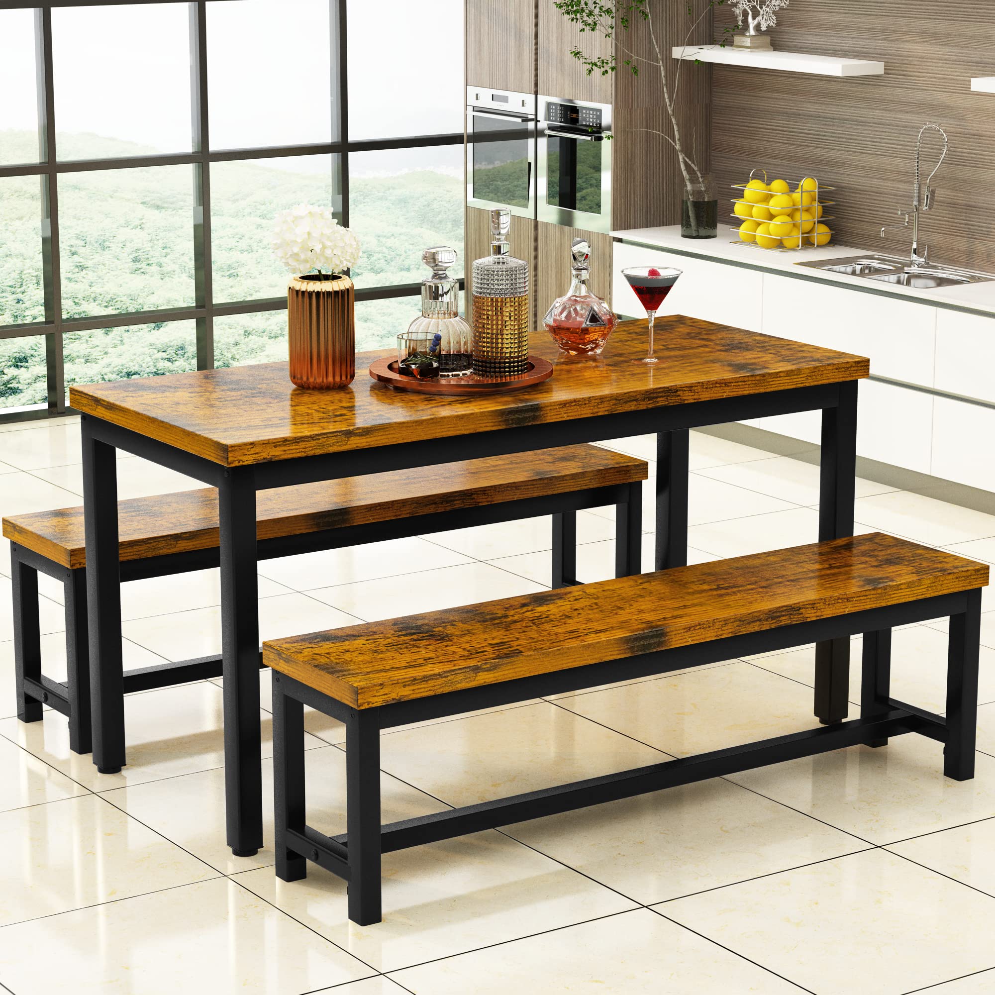 AWQM Dining Room Table Set, Kitchen Set with 2 Benches, Ideal for Home, and Room, Breakfast of 43.3x23.6x28.5 inches, Benches 38.5x11.8x17.5 Industrial Brown