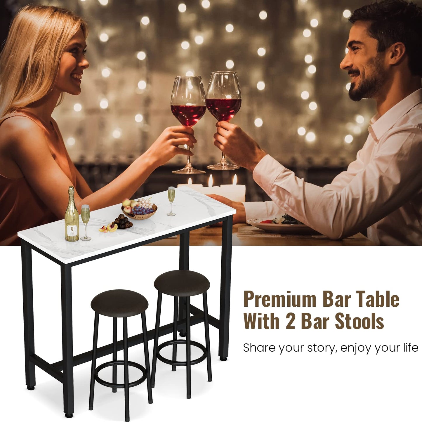 AWQM Marble Bar Table , PU Leather Stools, Table for 2