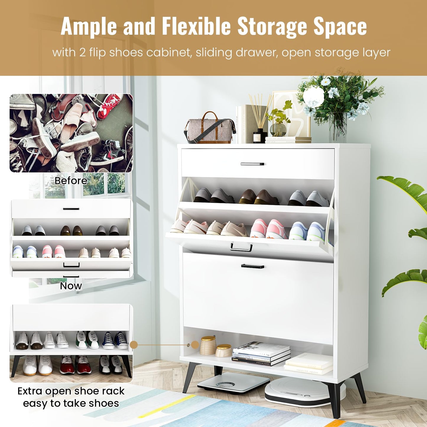 AWQM Entryway Shoe Cabinet, Freestanding Shoe Cabinet with 2 Flip-Flop Drawers