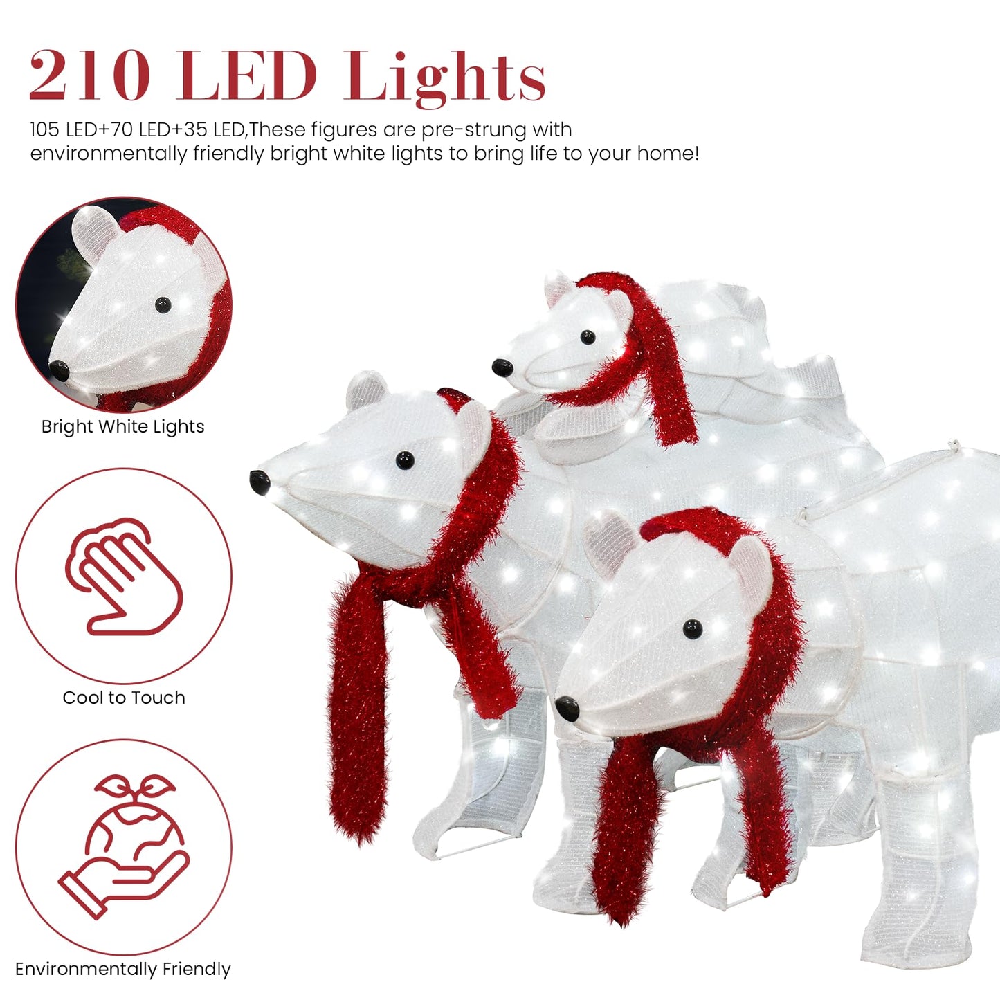 AWQM 3 Piece Light Up Polar Bear Family Holiday Light Up Decorations