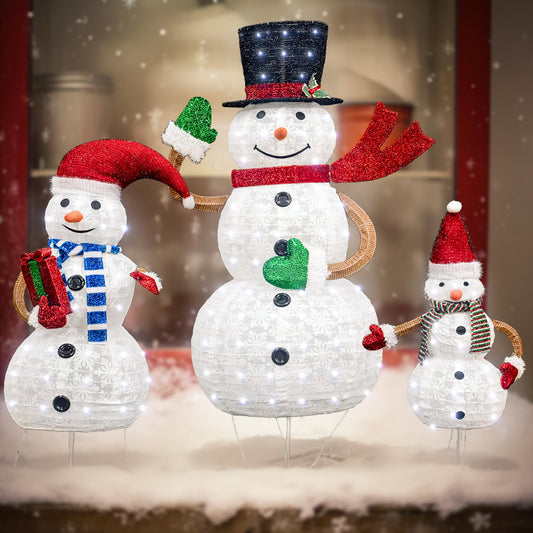 AWQM 3 Piece Pre-Lit Christmas Snowman Family Glitter Glow Snowman