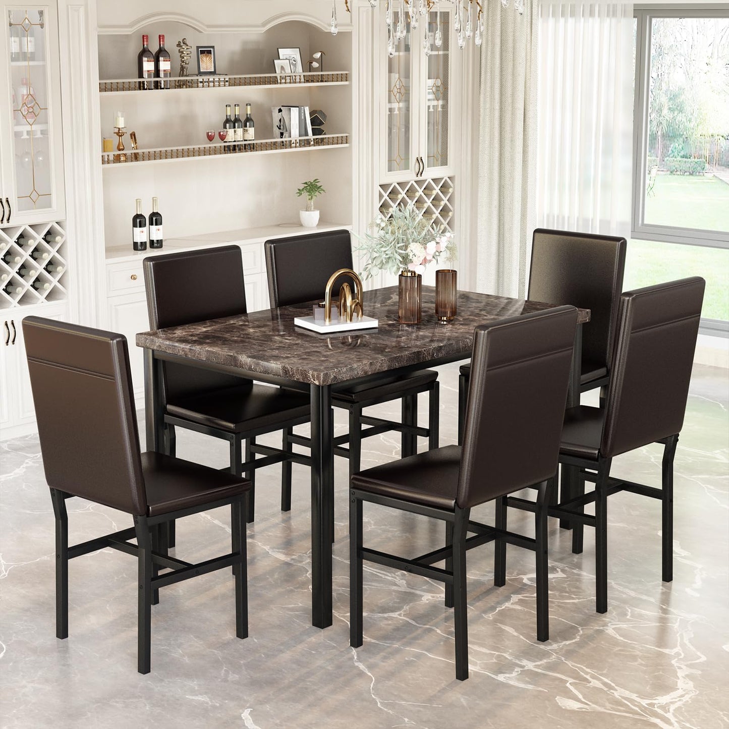 AWQM Marble 6 Person Dining Table Set 7 Piece Kitchen Table and Chairs