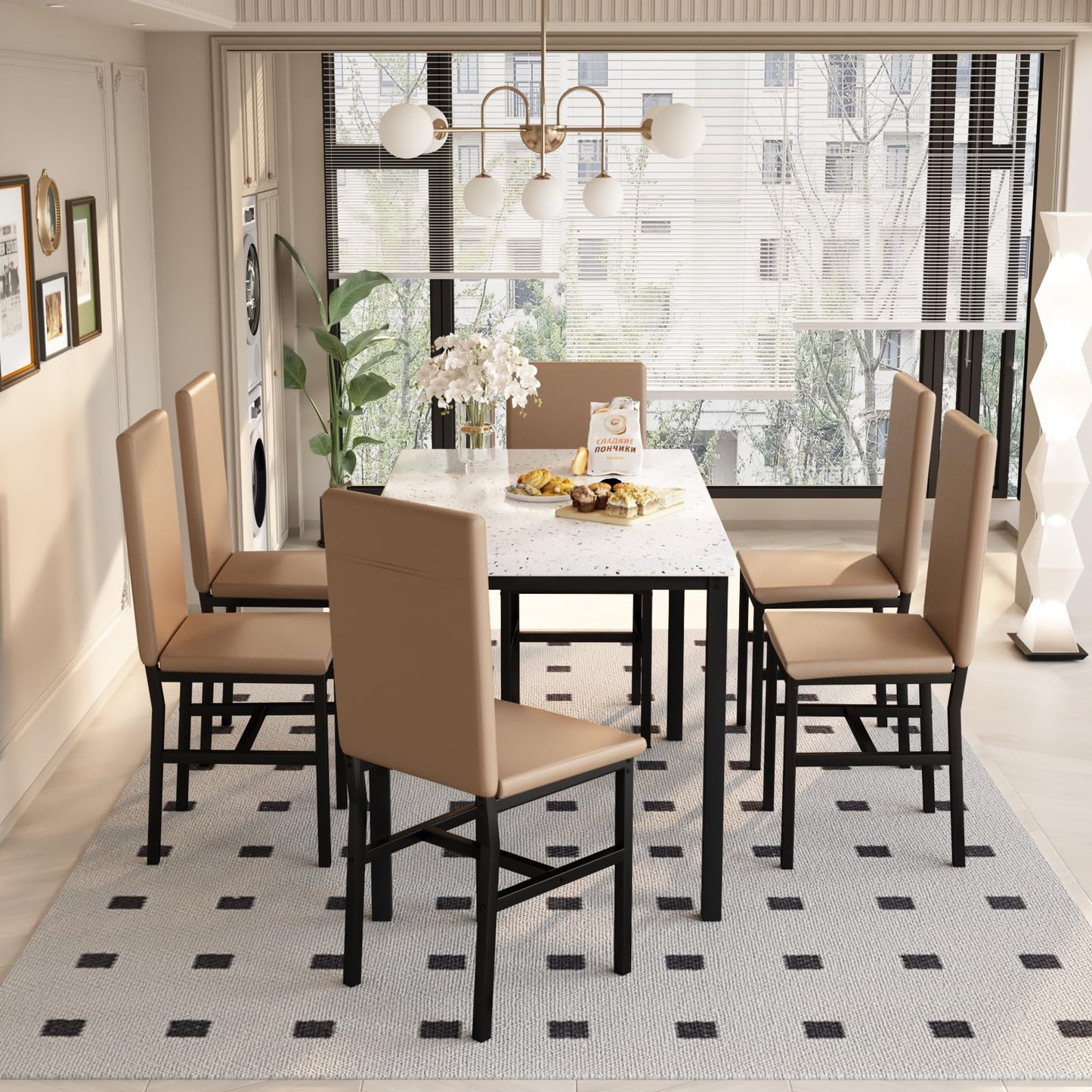 AWQM Marble 6-person dining table set with 6 PU leather chairs